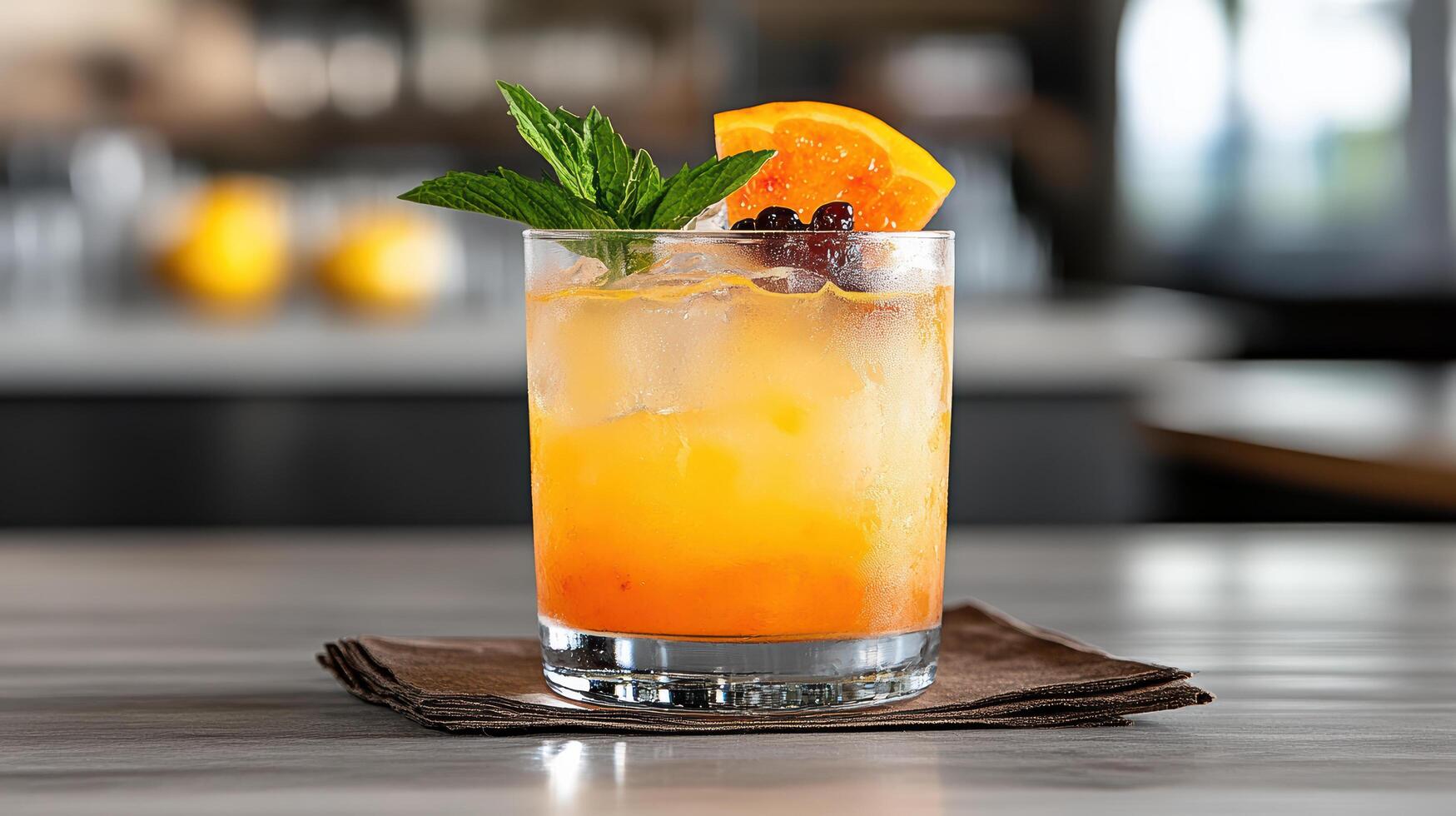 A drink with orange and mint garnish photo