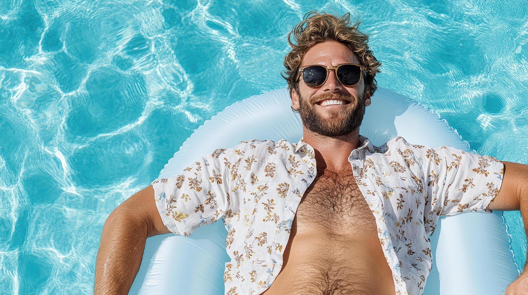 A man in a white shirt and sunglasses is floating in a pool photo