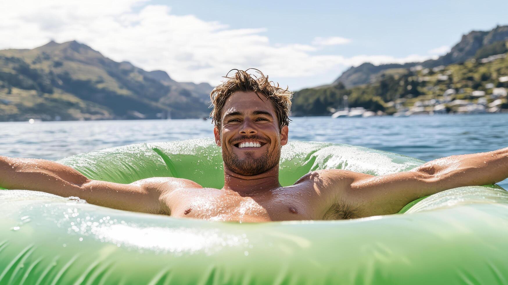 A man is floating in an inflatable tube on a lake photo