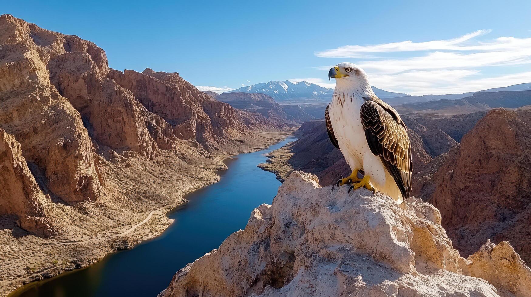 A bird is perched on a rock overlooking a river photo