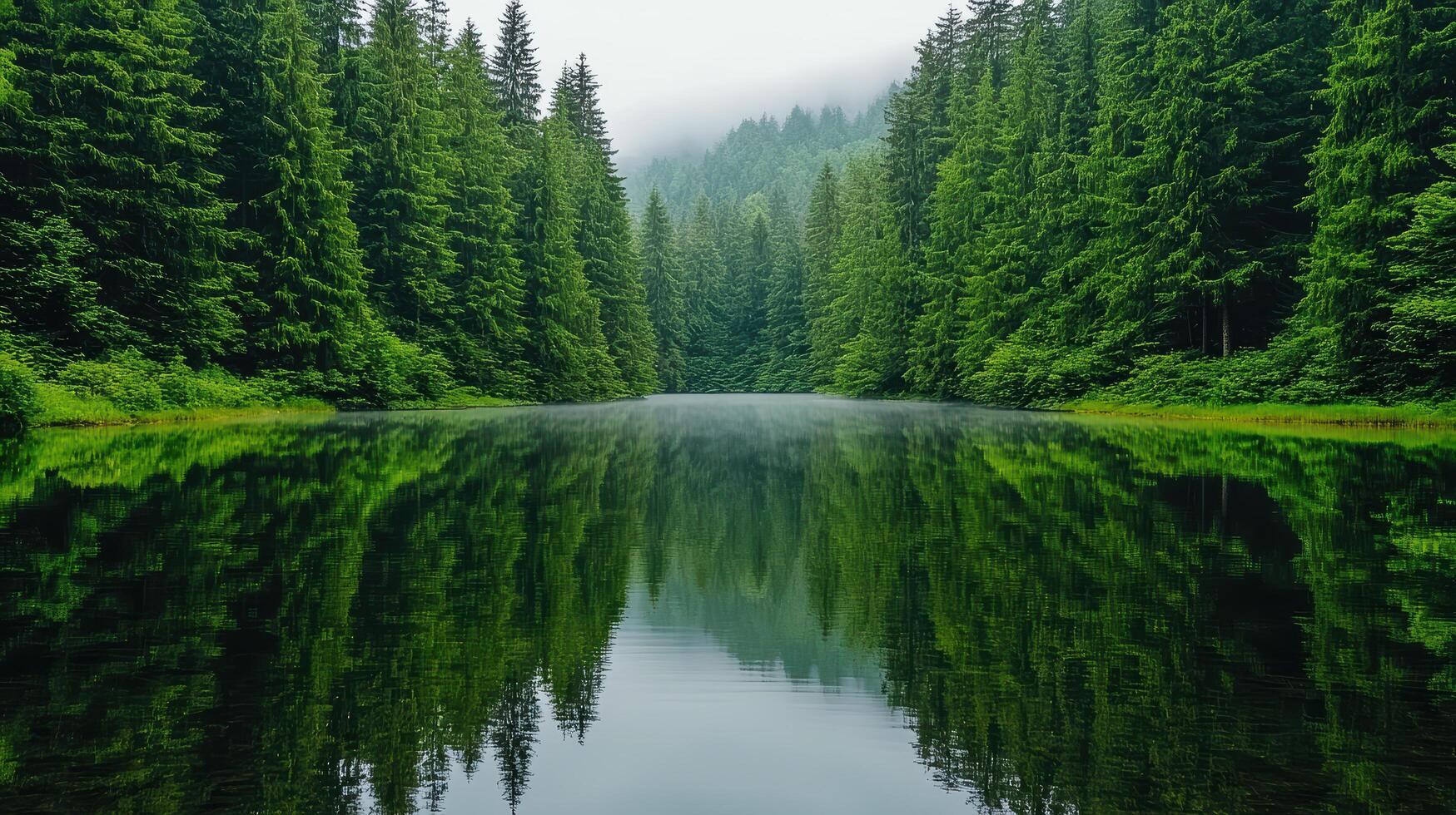 A lake surrounded by green trees and fog photo