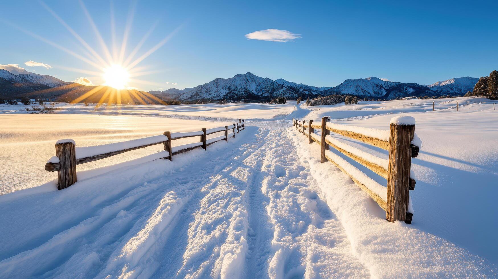 A path leads to a snowy field with mountains in the background photo