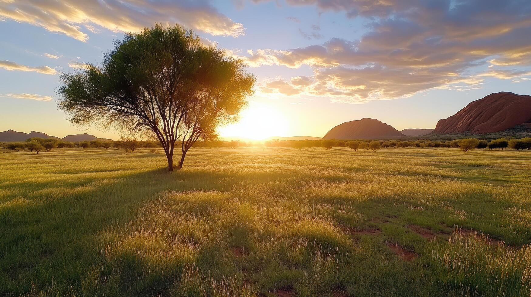 A tree stands in the middle of a grassy field photo