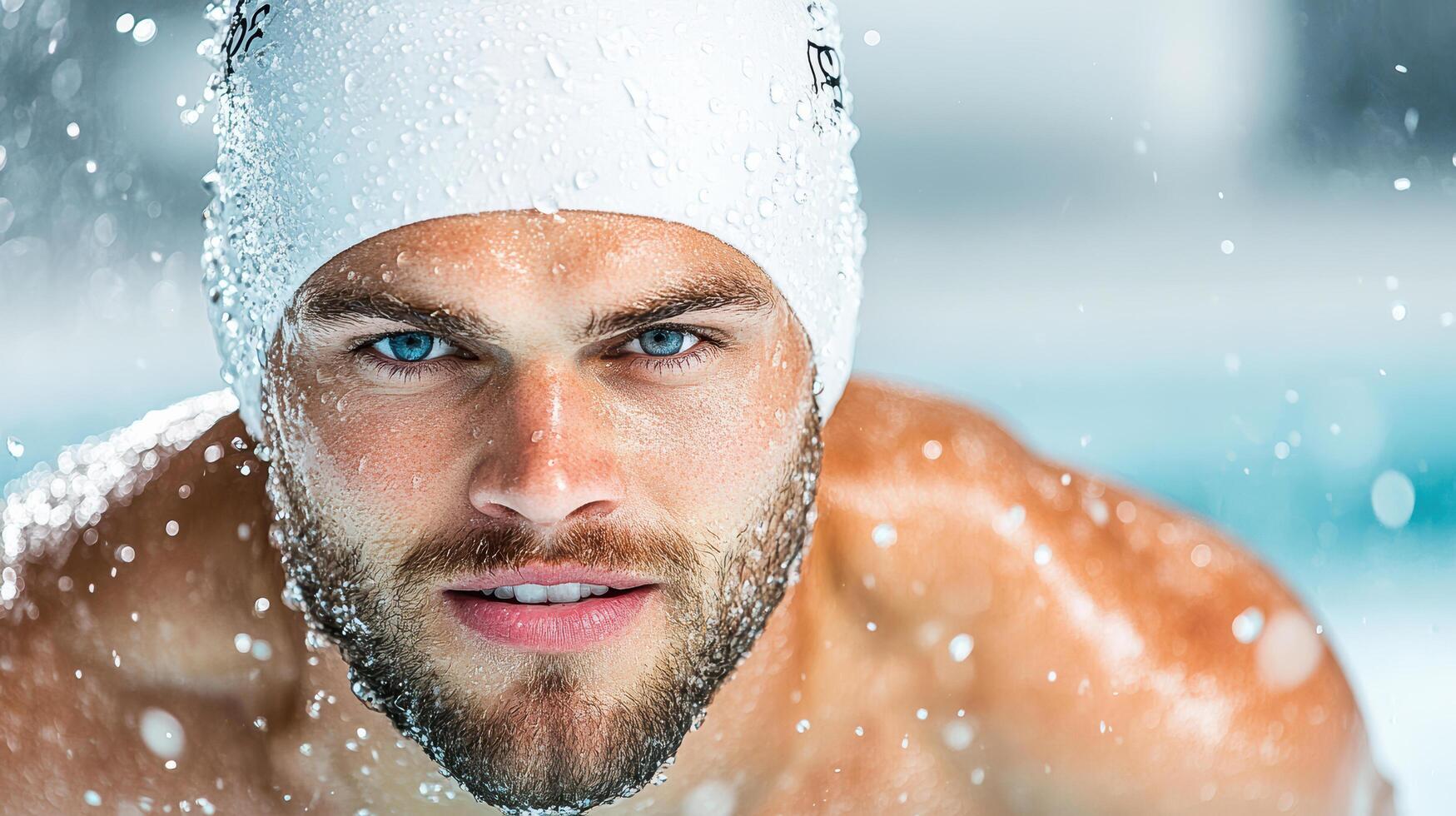 A man in a swimming pool with water splashing on his face photo