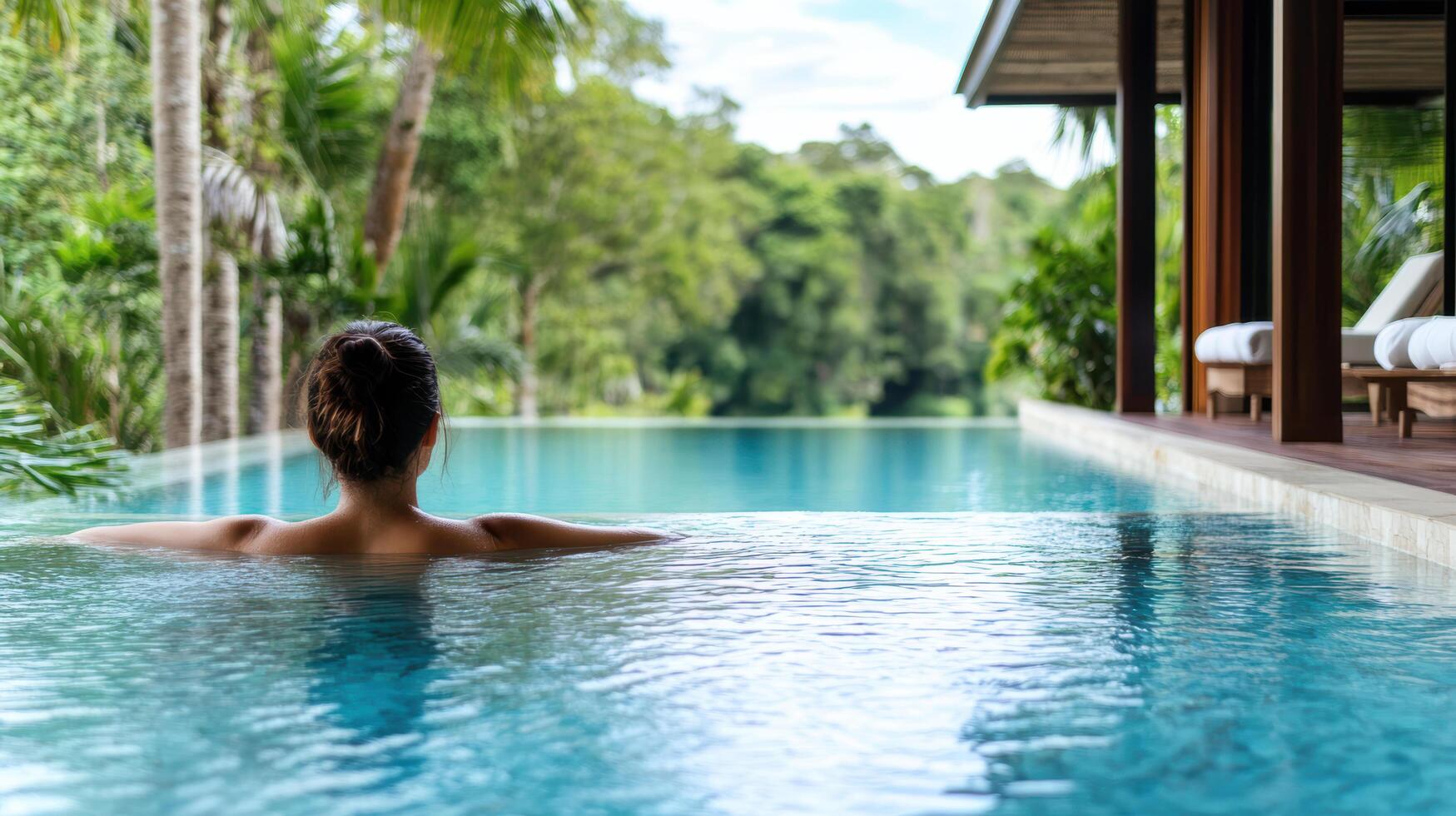 A woman relaxing in the pool at a resort photo