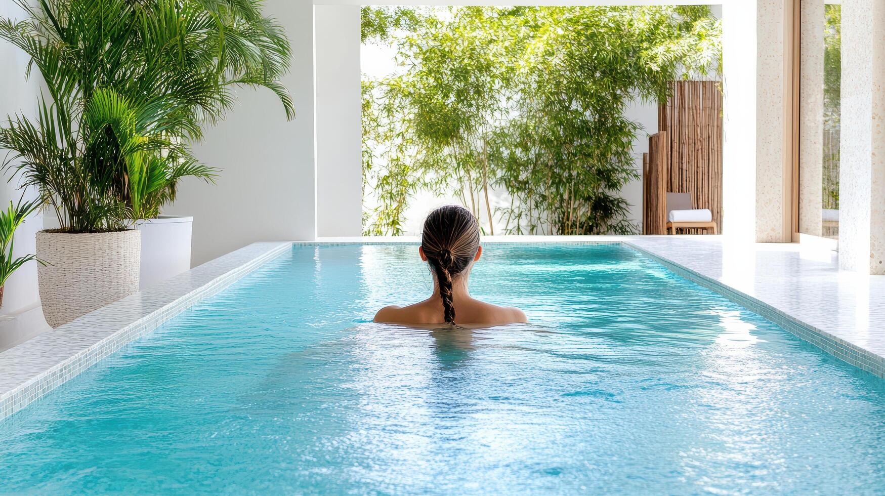 A woman is relaxing in a pool at a resort photo