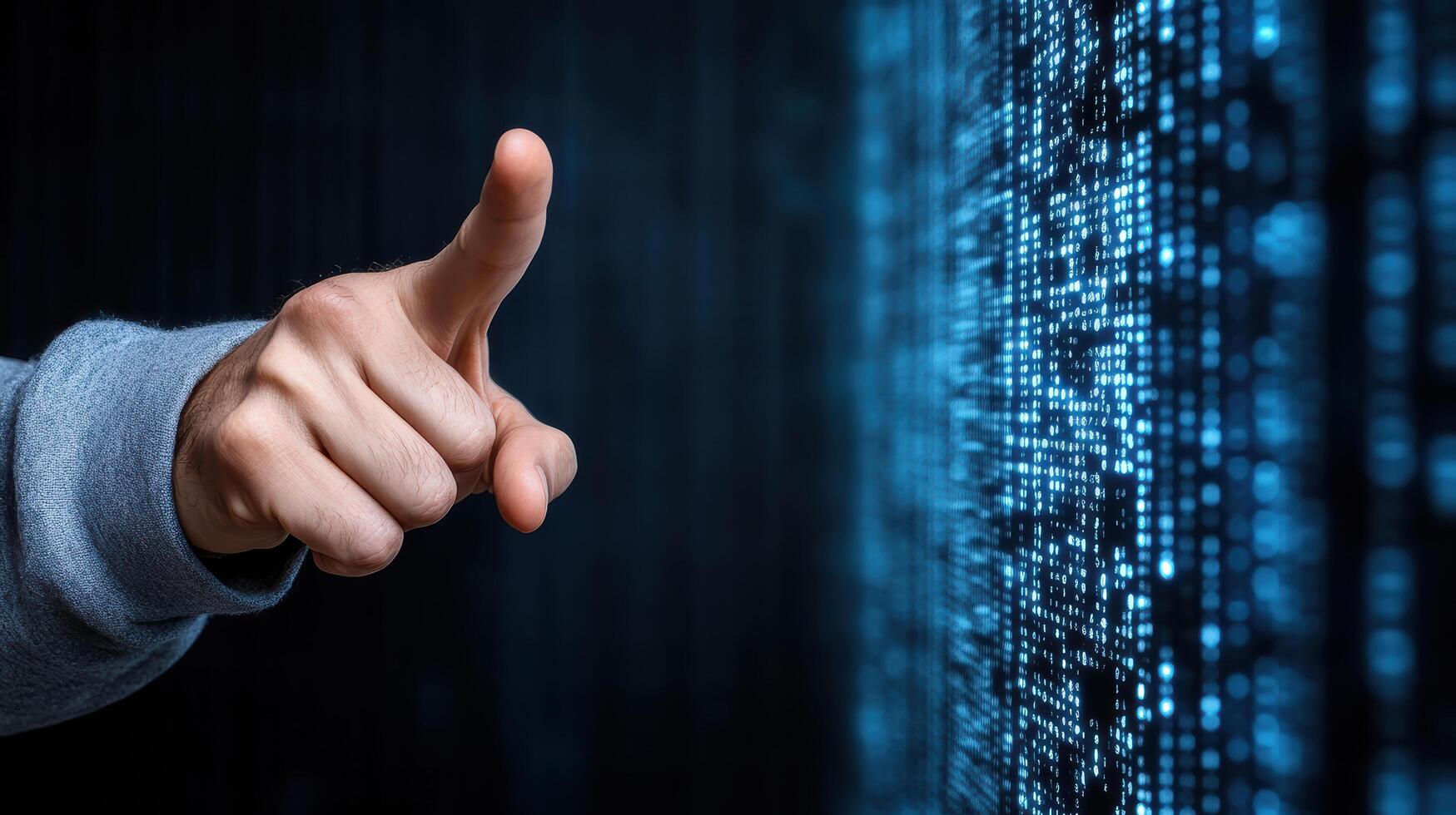 A hand pointing at a binary code photo