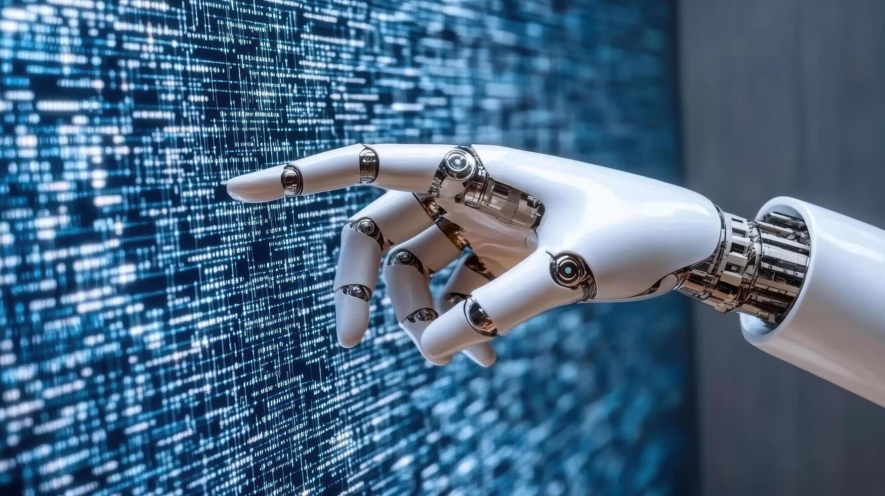 A robot hand is touching a computer screen photo