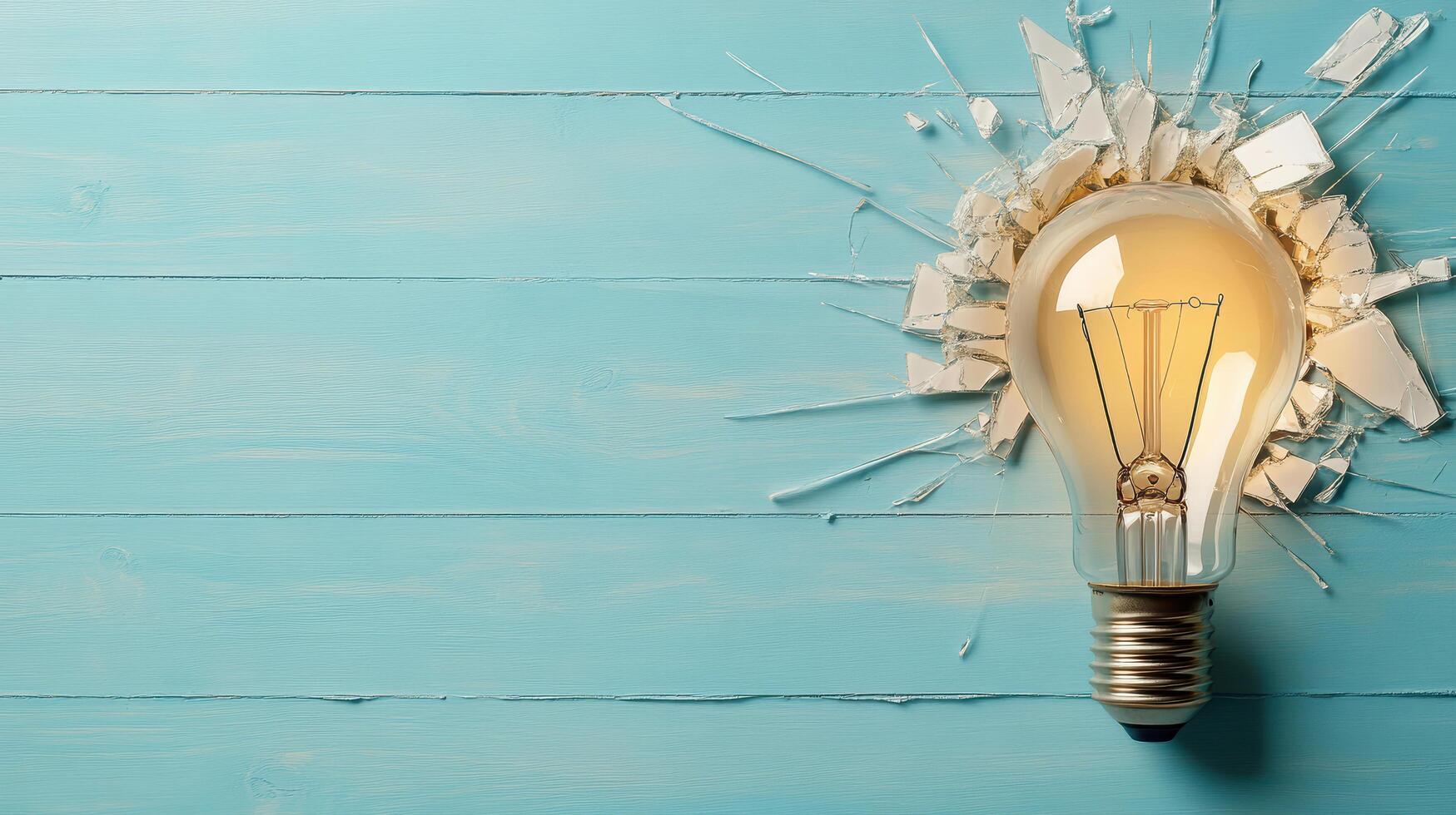 Light bulb breaking through a wall on a blue wooden background photo