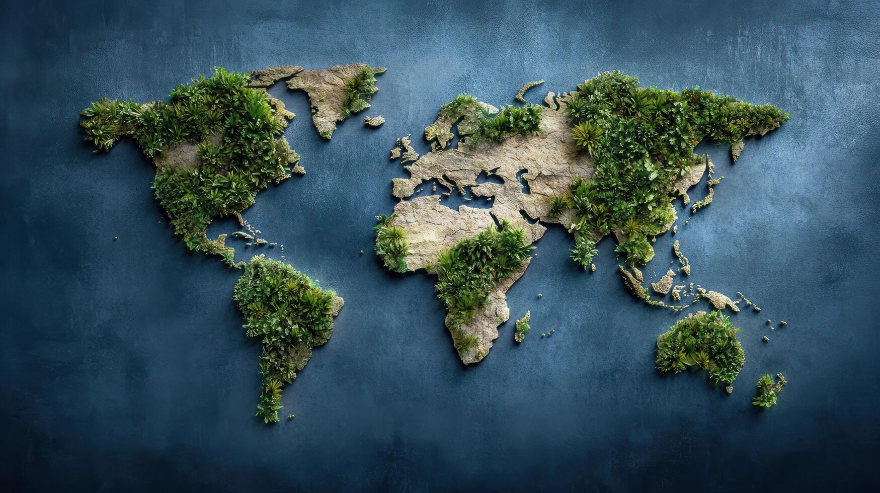 The world map is made of green plants on a dark background photo