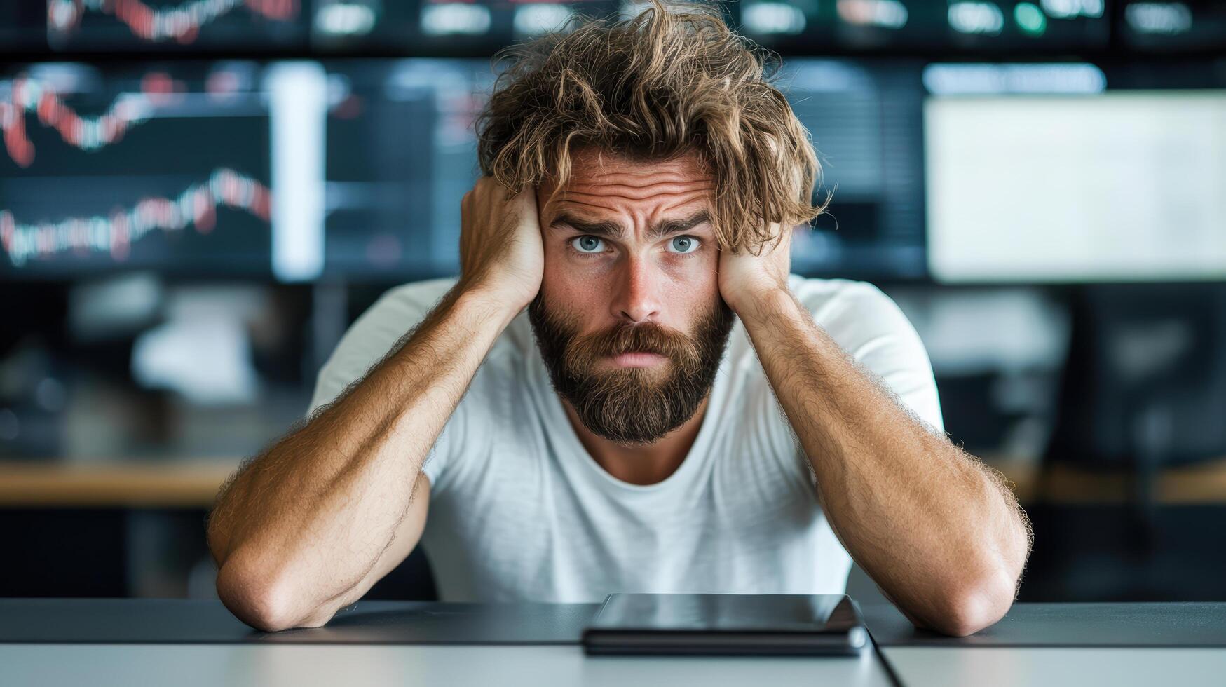 A man with his head on his hands in front of a computer screen photo