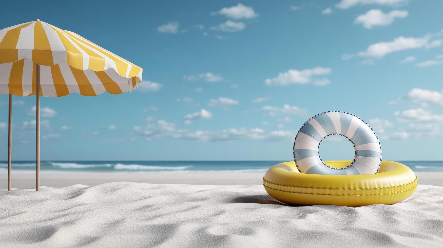 A yellow life ring on the beach with an umbrella photo