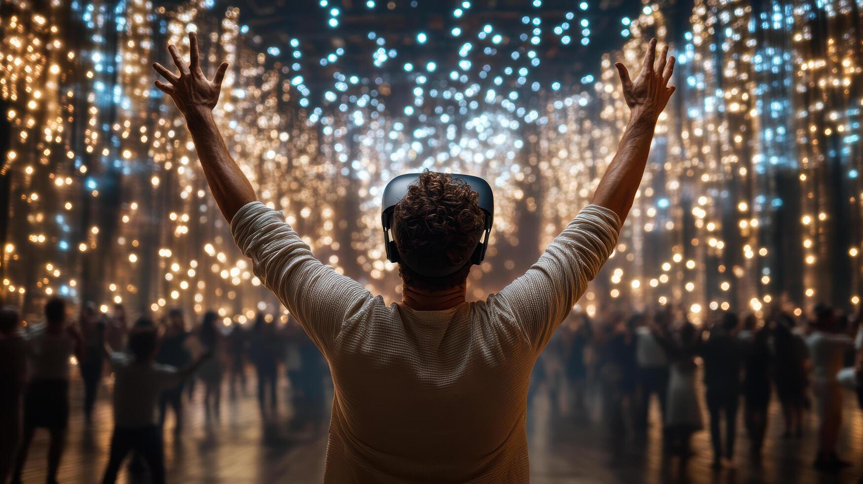 A man wearing a vr headset and standing in front of a crowd of people photo