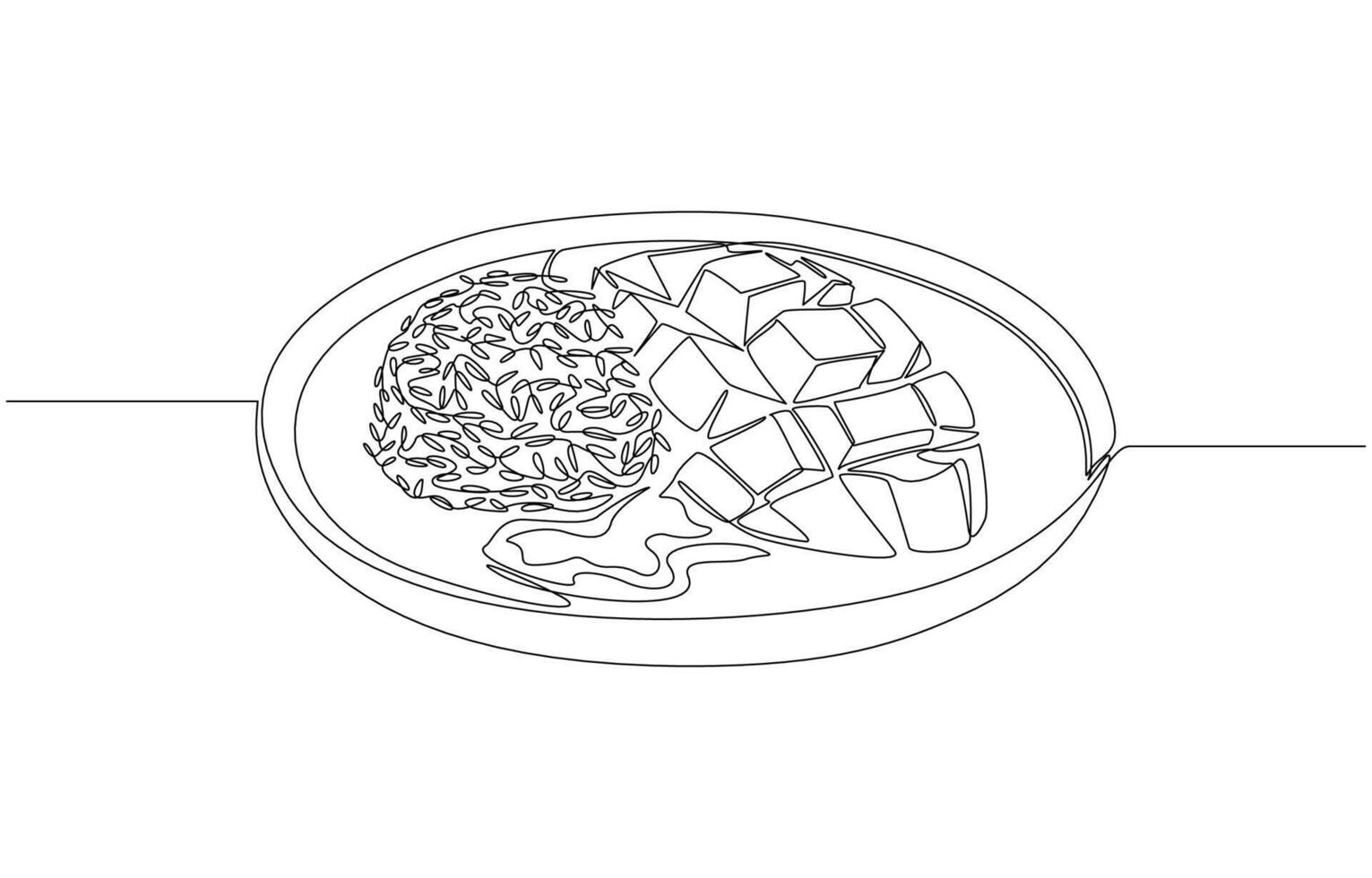 Continuous one line drawing of mango sticky rice on plate, national dessert concept, single line art vector