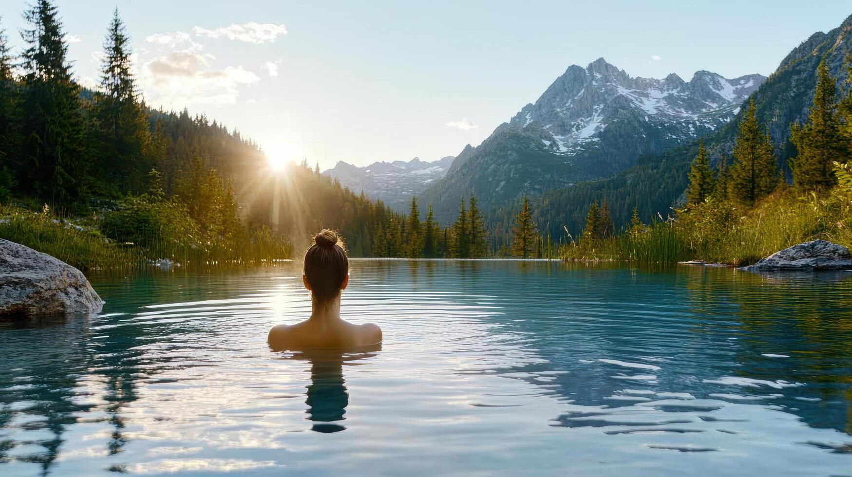 A woman is relaxing in a hot tub in the mountains photo