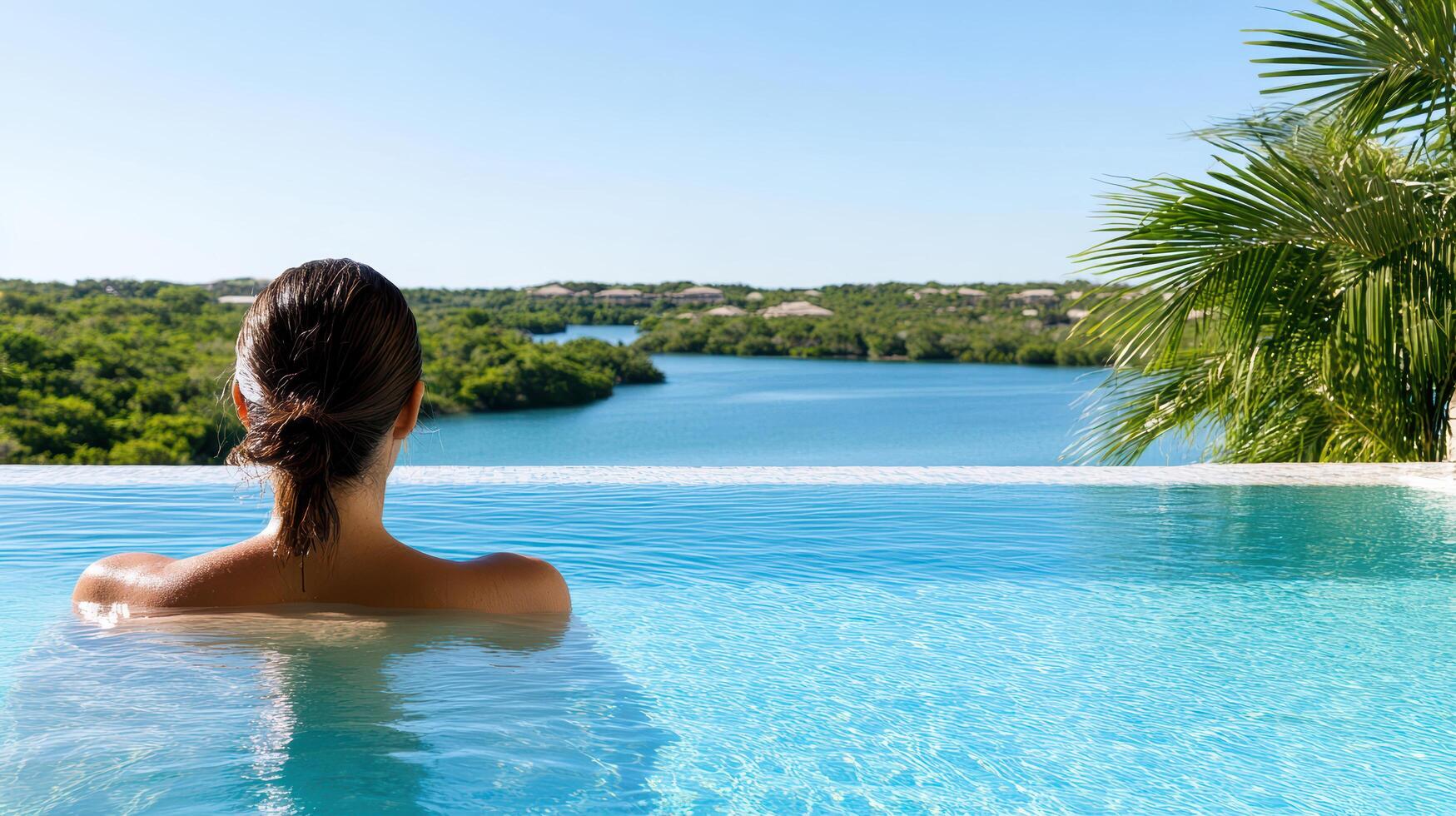 A woman relaxing in a pool overlooking a lake photo
