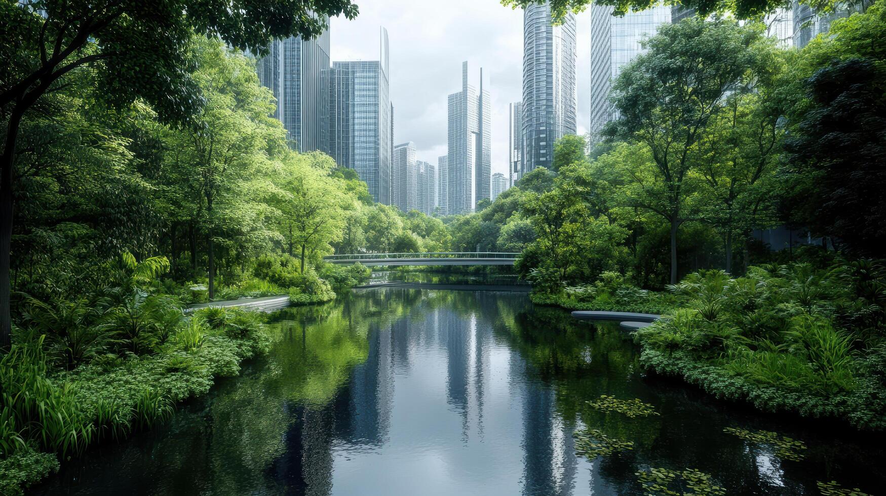 A river runs through a forest with tall buildings in the background photo