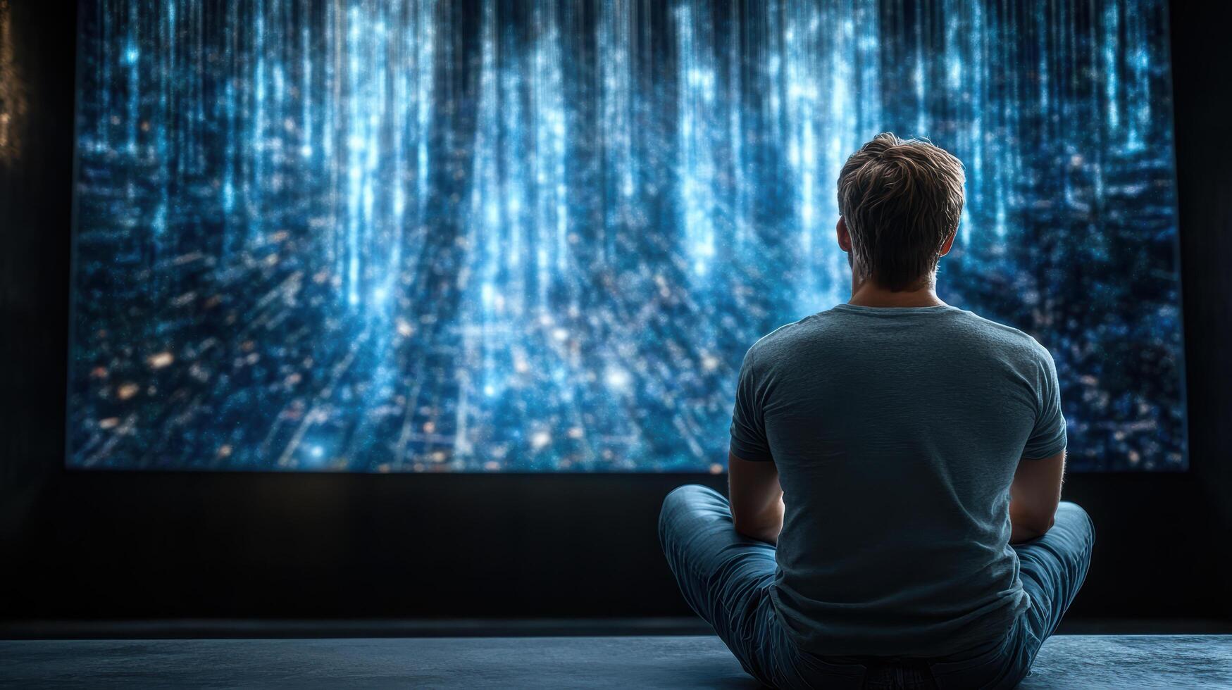 A man sitting in front of a television screen watching a movie photo
