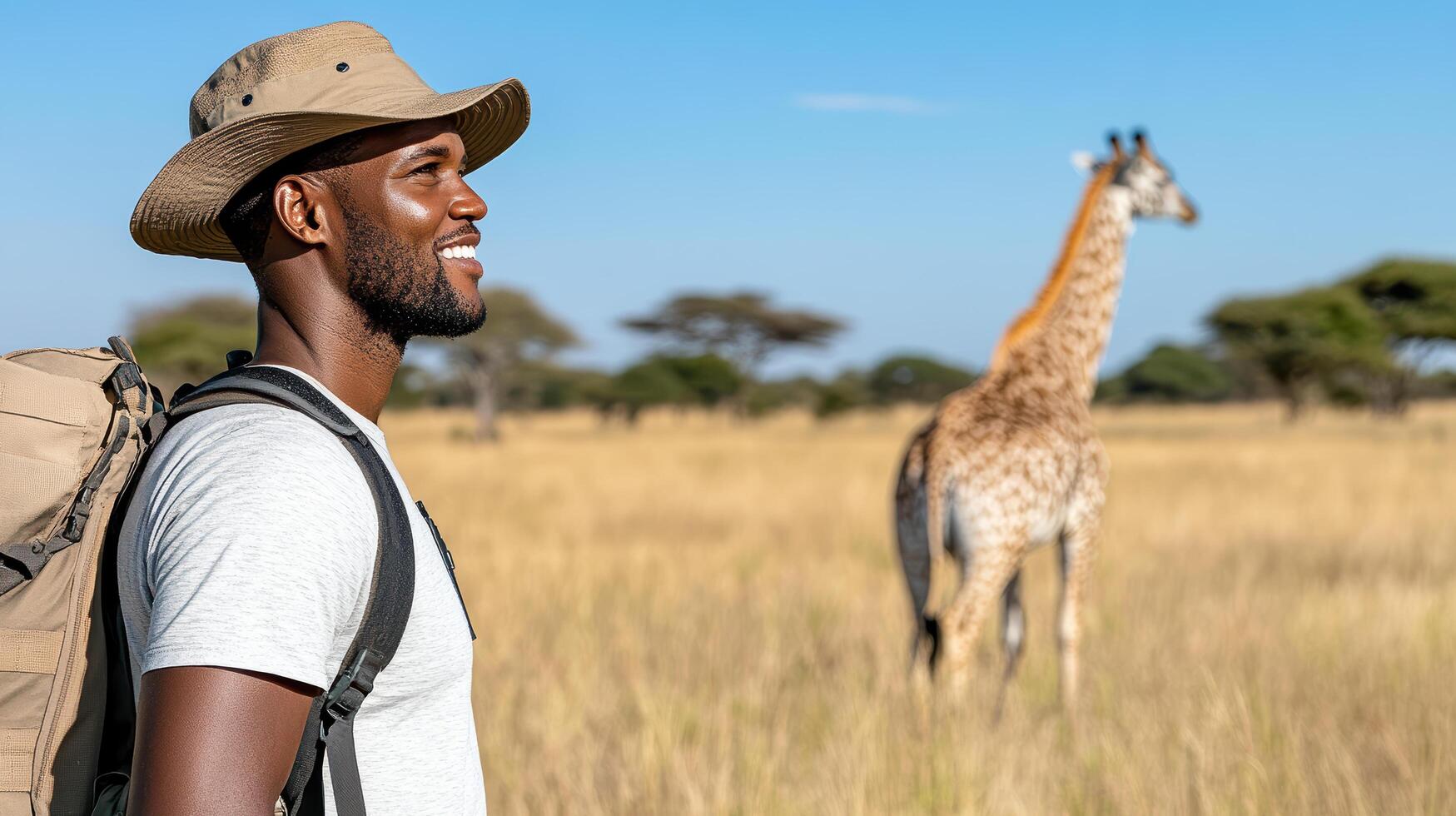 African man with backpack and giraffe in the background photo