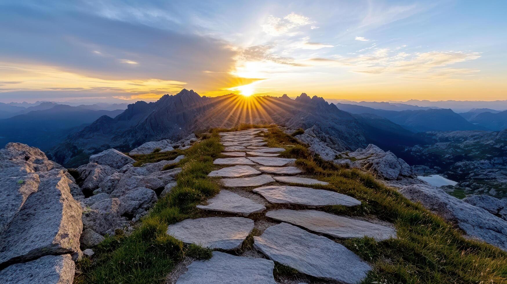 A path leading up to the mountains at sunset photo