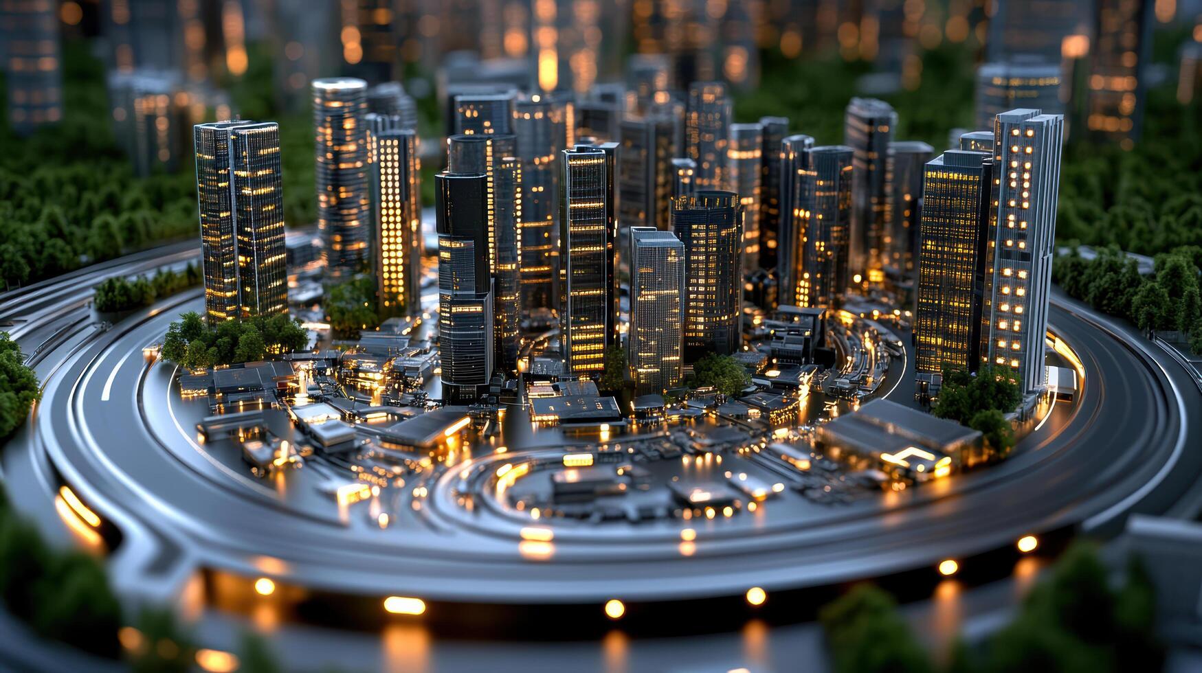 A city with a circular road and a lot of buildings photo