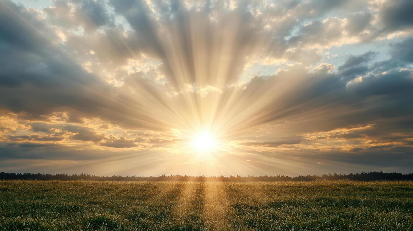 The sun shines through the clouds over a field photo