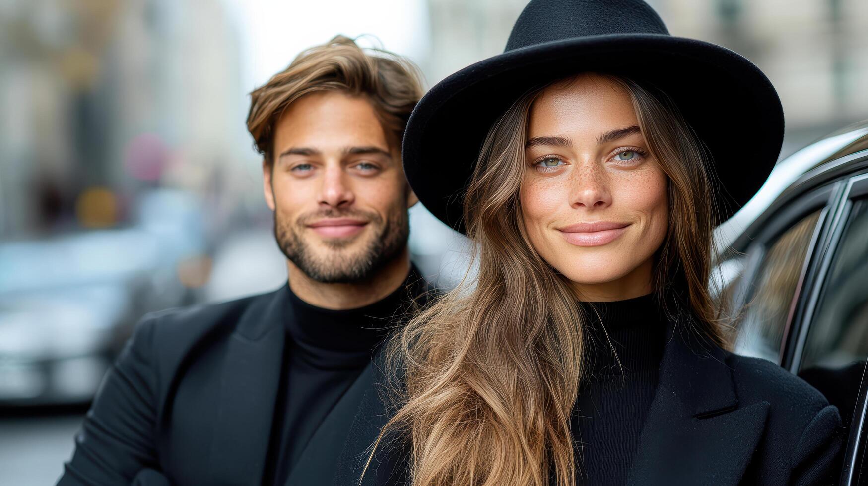 A man and woman in black clothing standing next to a car photo