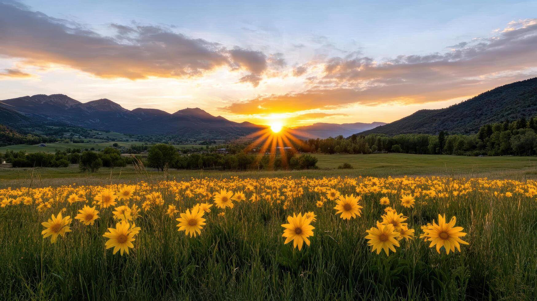 Sunset over a field of sunflowers in the mountains photo