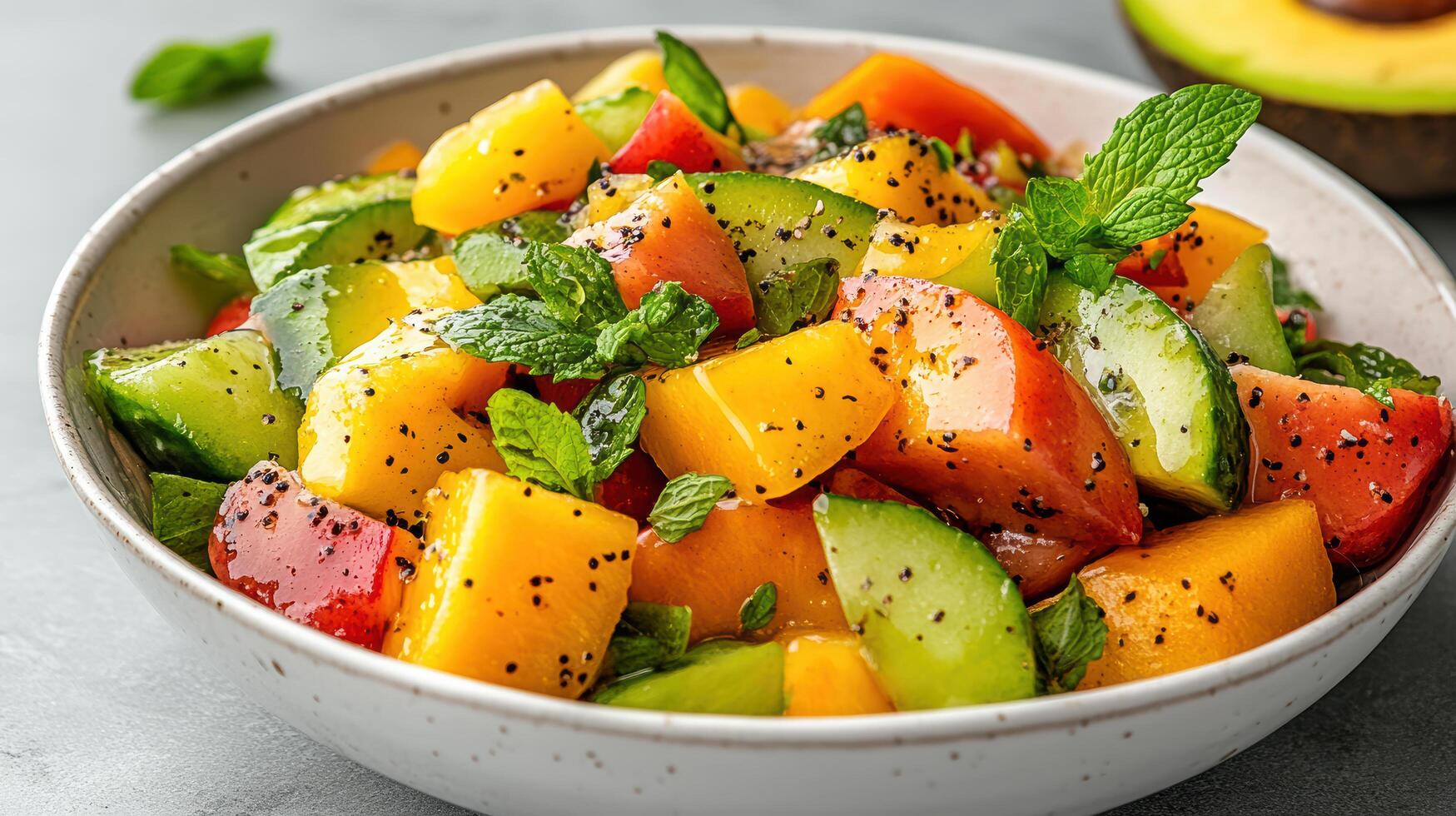 A bowl of fruit salad with cucumbers, tomatoes and mint photo