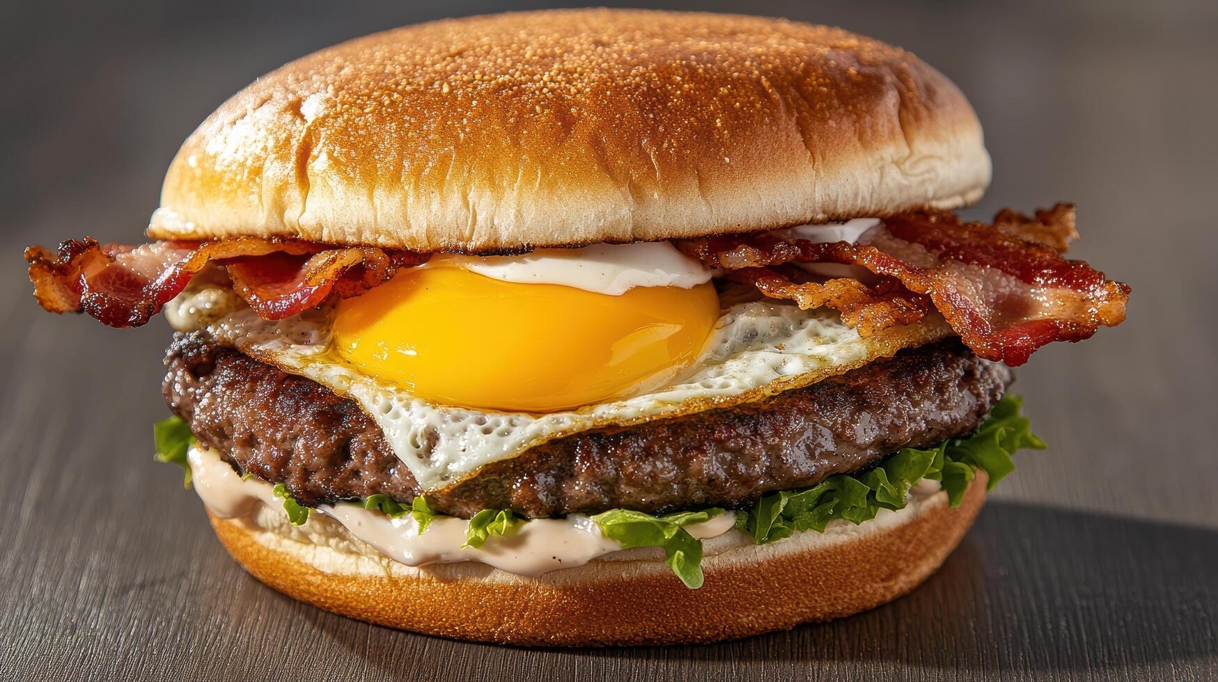 A hamburger with bacon, egg and cheese photo