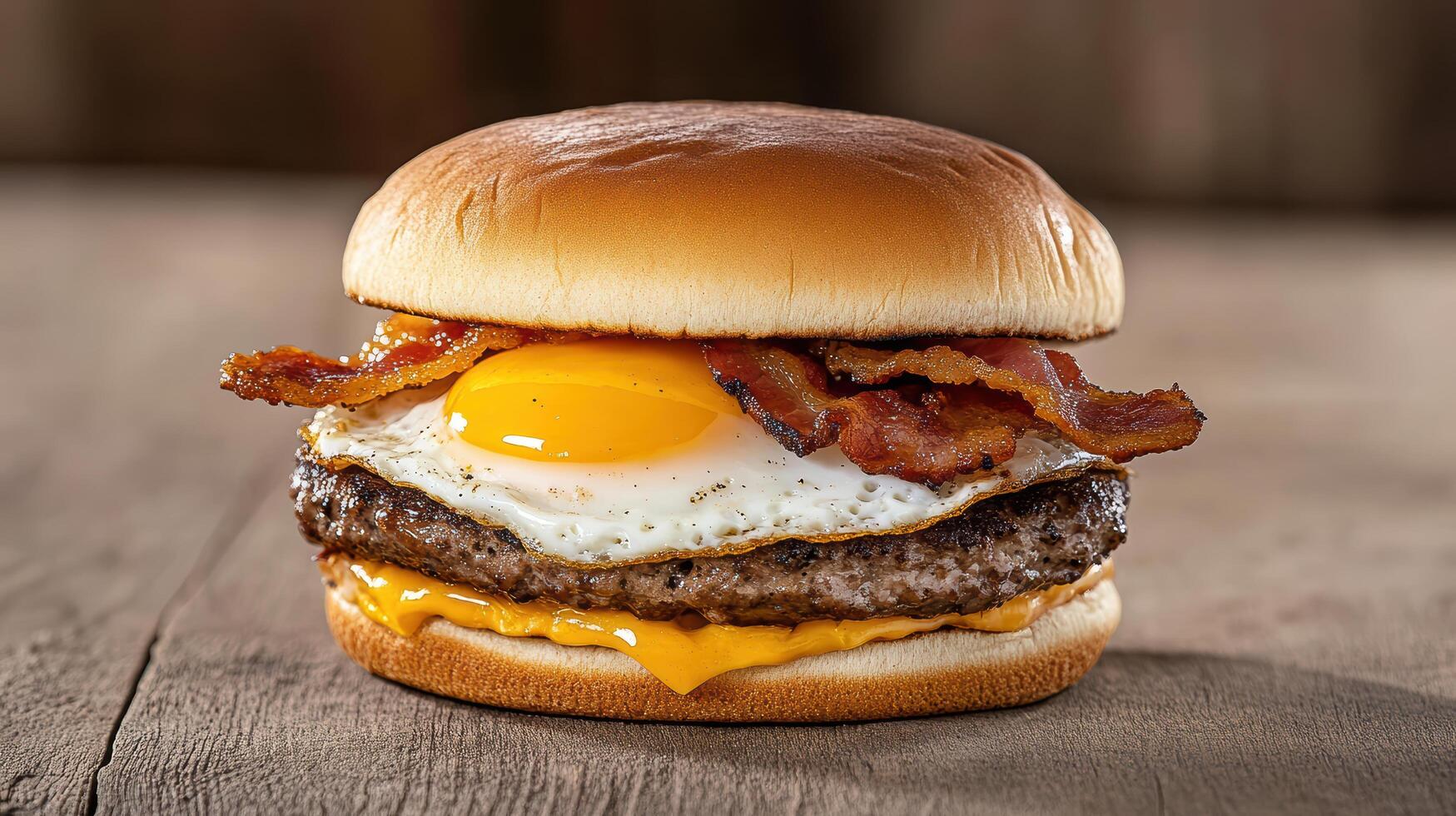 A hamburger with bacon and an egg on top photo