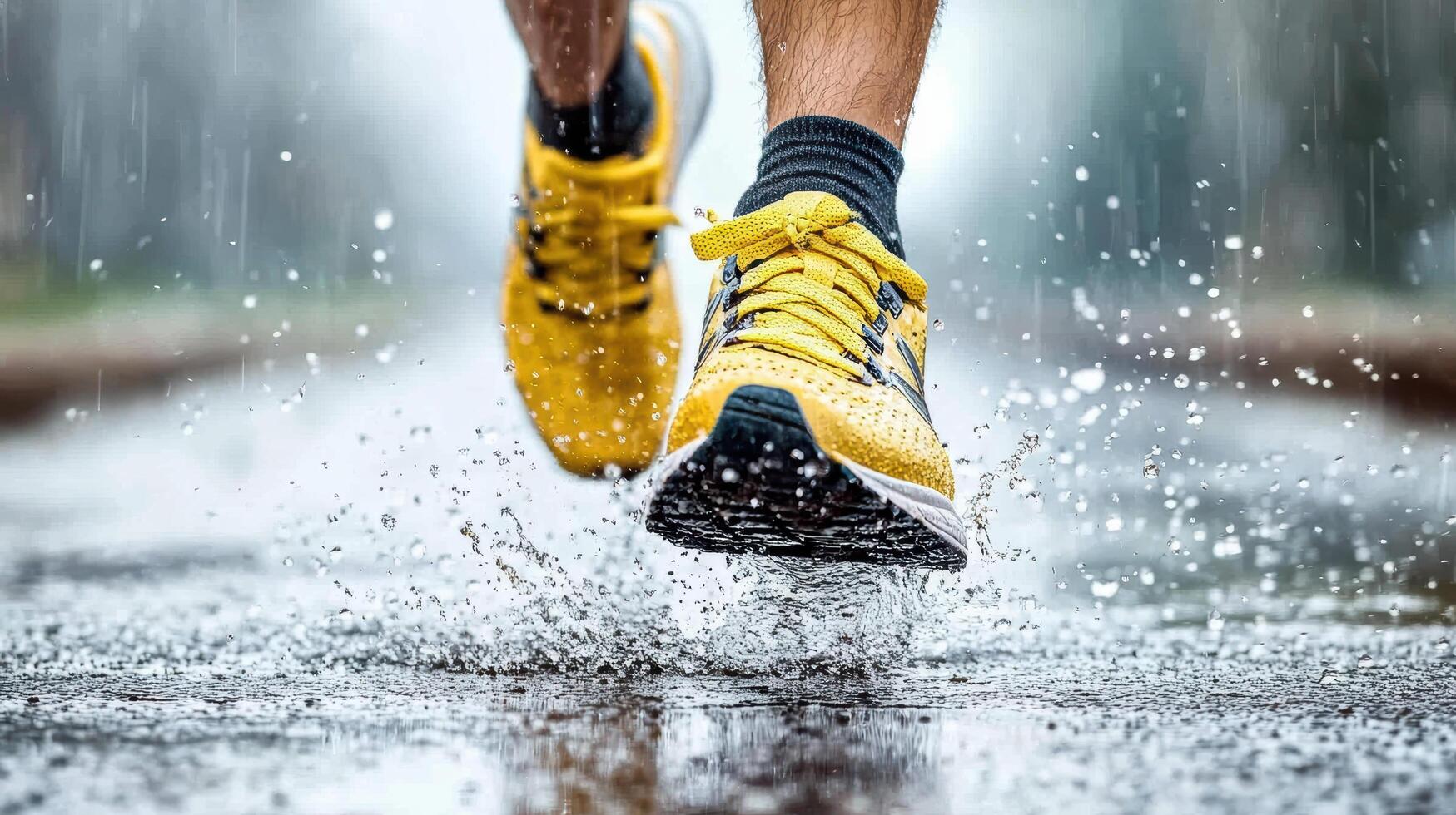 A person running in the rain with yellow shoes photo