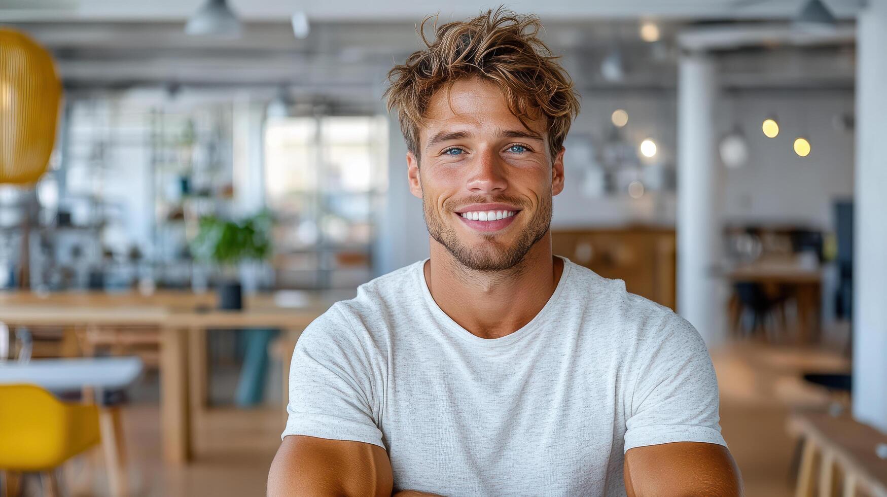 A man with a smile is sitting in an office photo