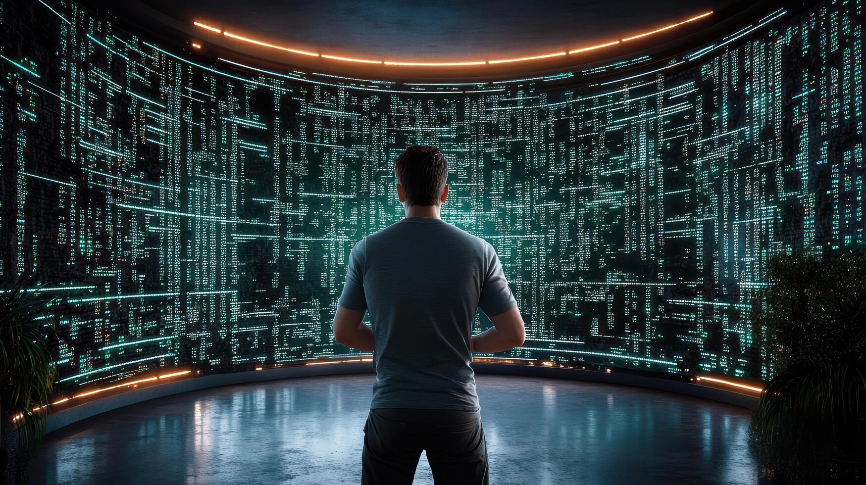 A man standing in front of a computer screen photo