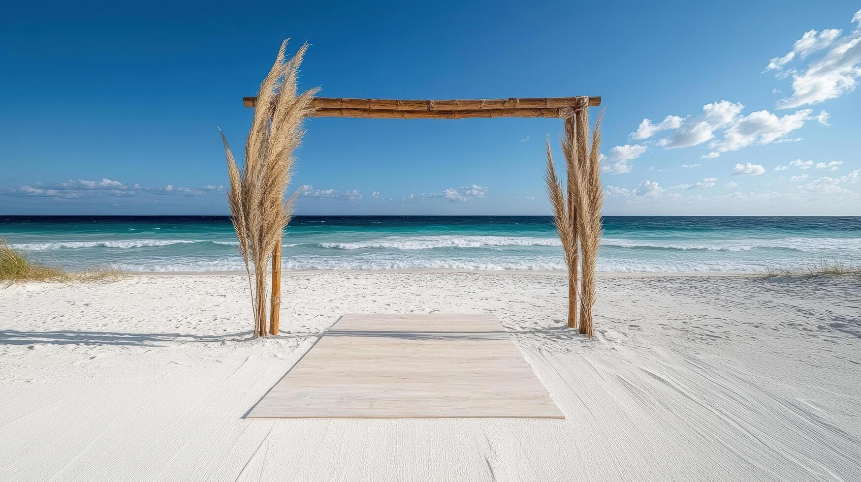 A beach wedding ceremony with a wooden archway photo