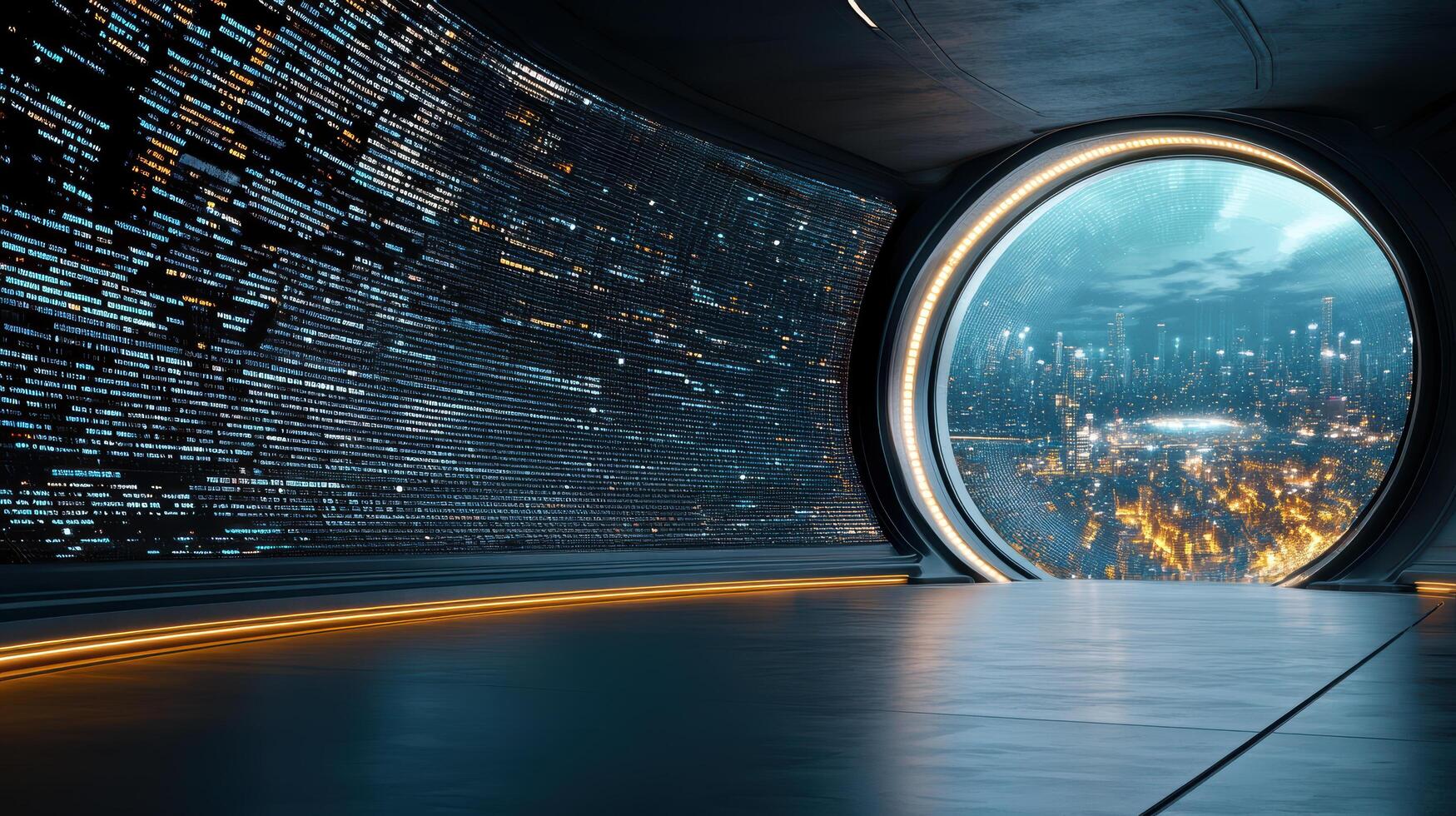 A futuristic tunnel with a large window looking out over a city photo