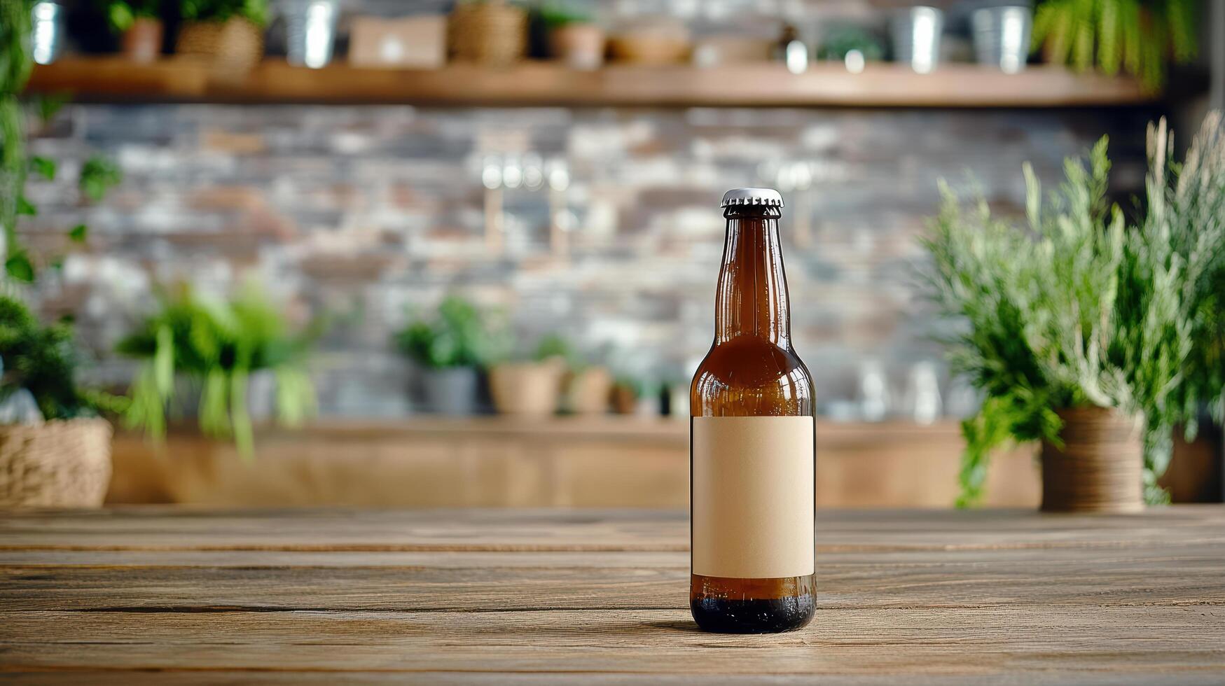 A beer bottle on a wooden table in front of a brick wall photo