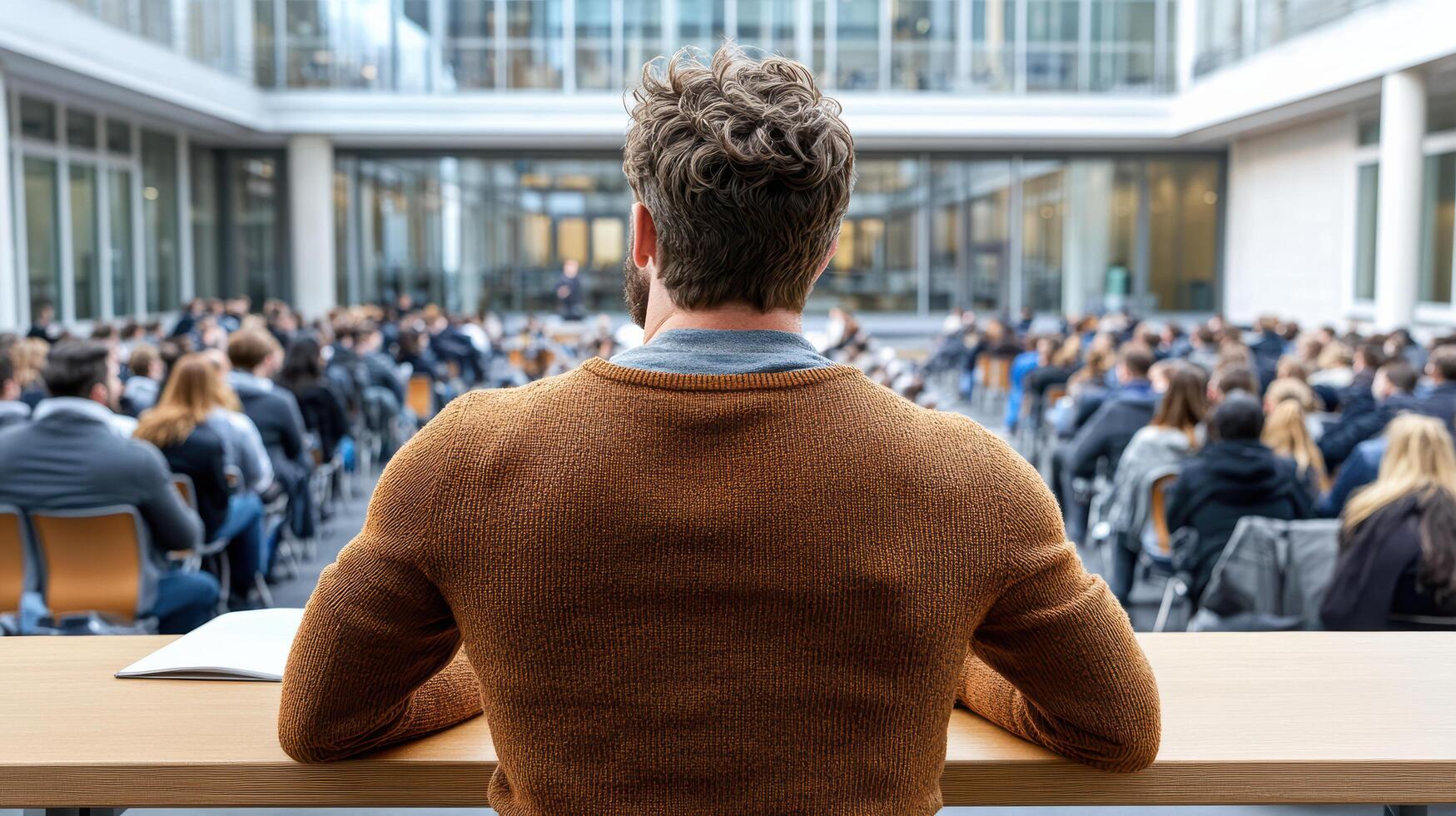 A man sitting at a table in front of a large crowd photo
