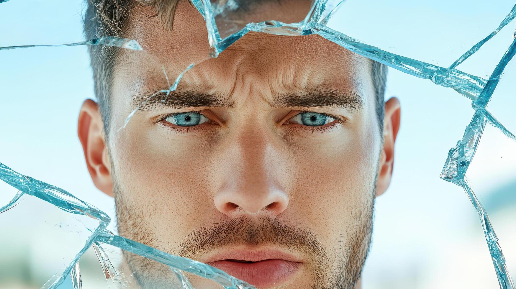 A man looking through a broken glass window photo