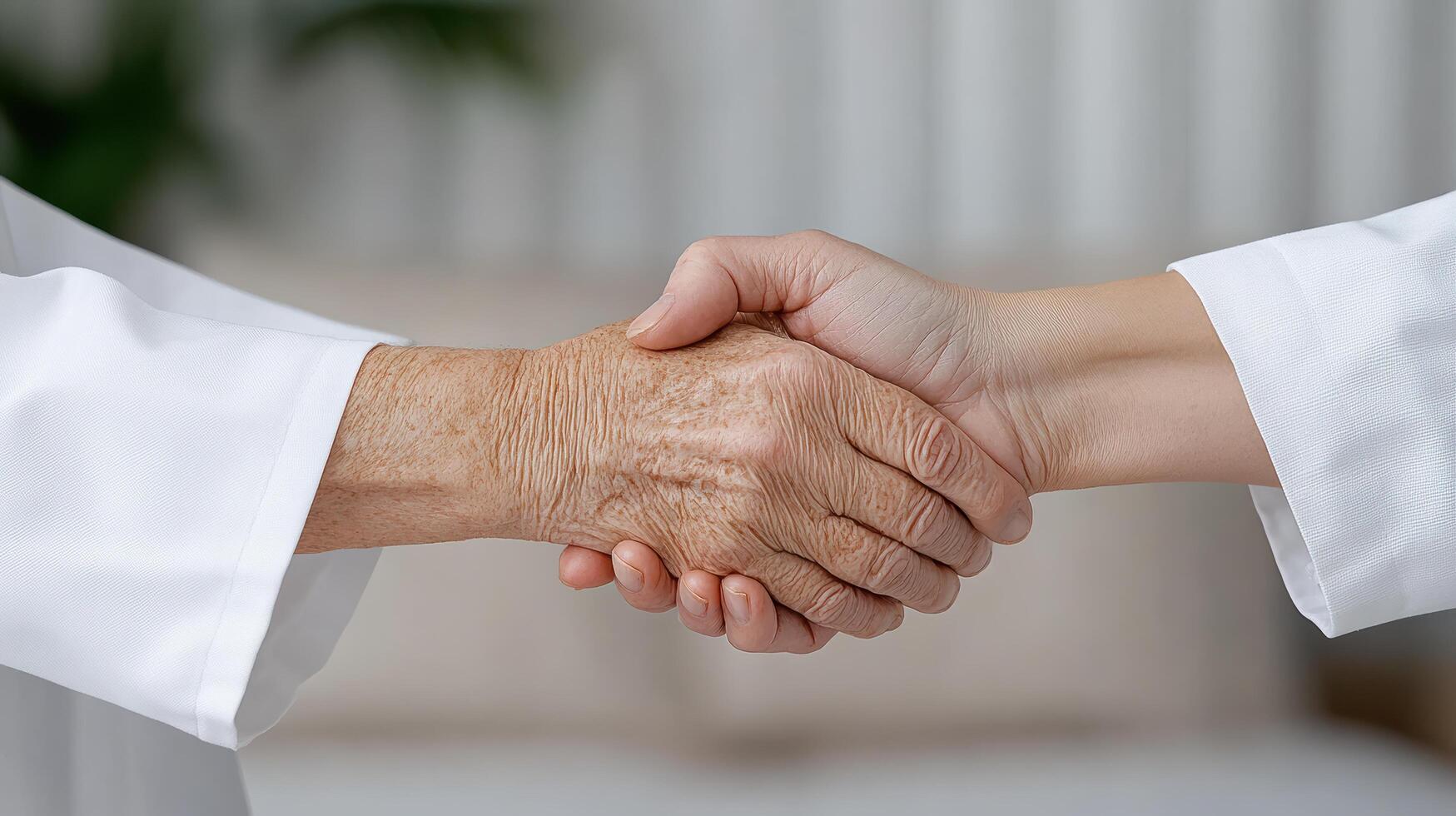 Two people shaking hands in a room photo