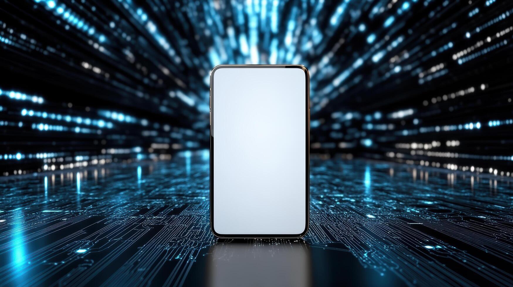 A smartphone is standing in front of a screen with a blue background photo