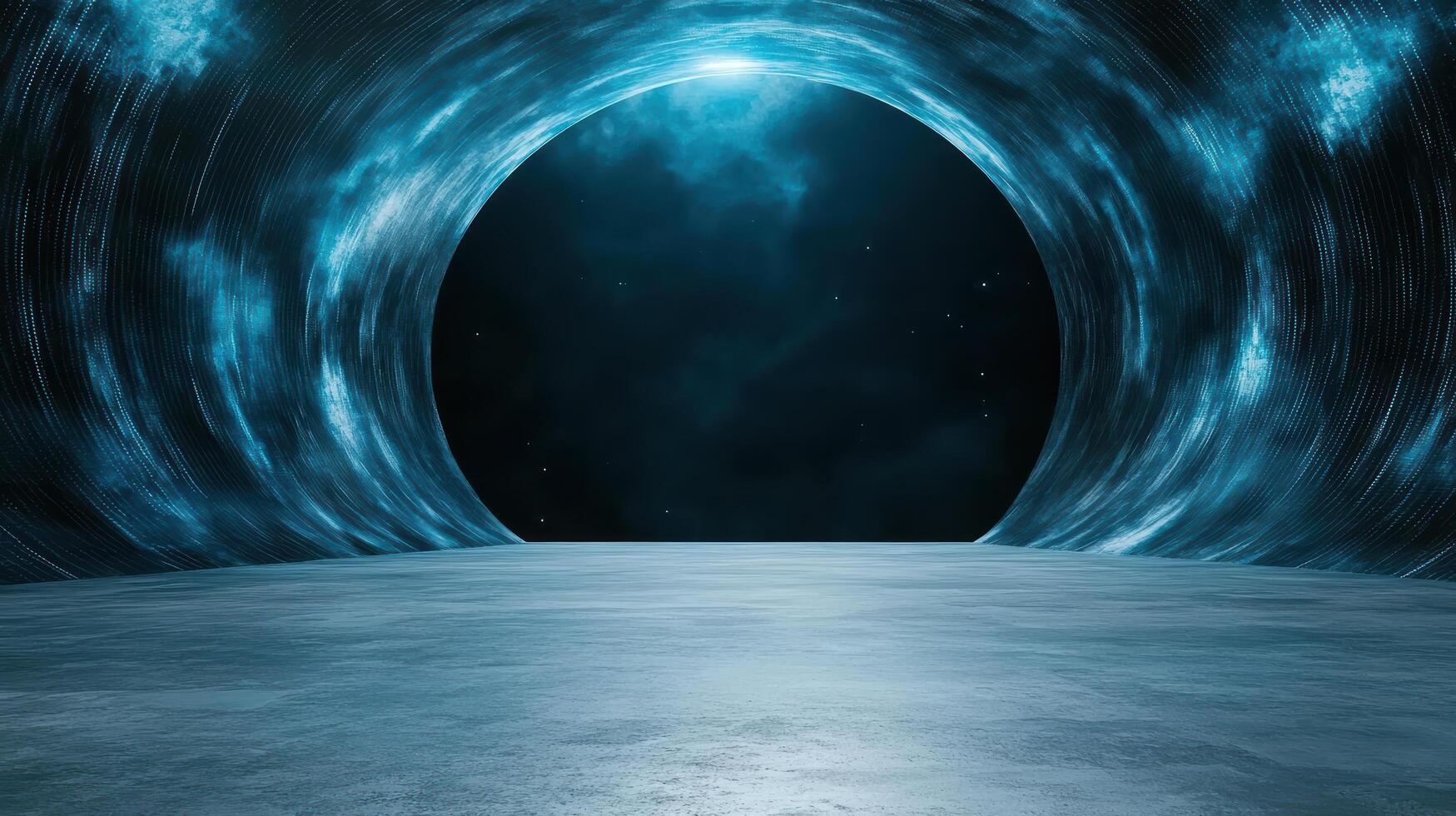 An empty tunnel with blue lights and a dark floor photo