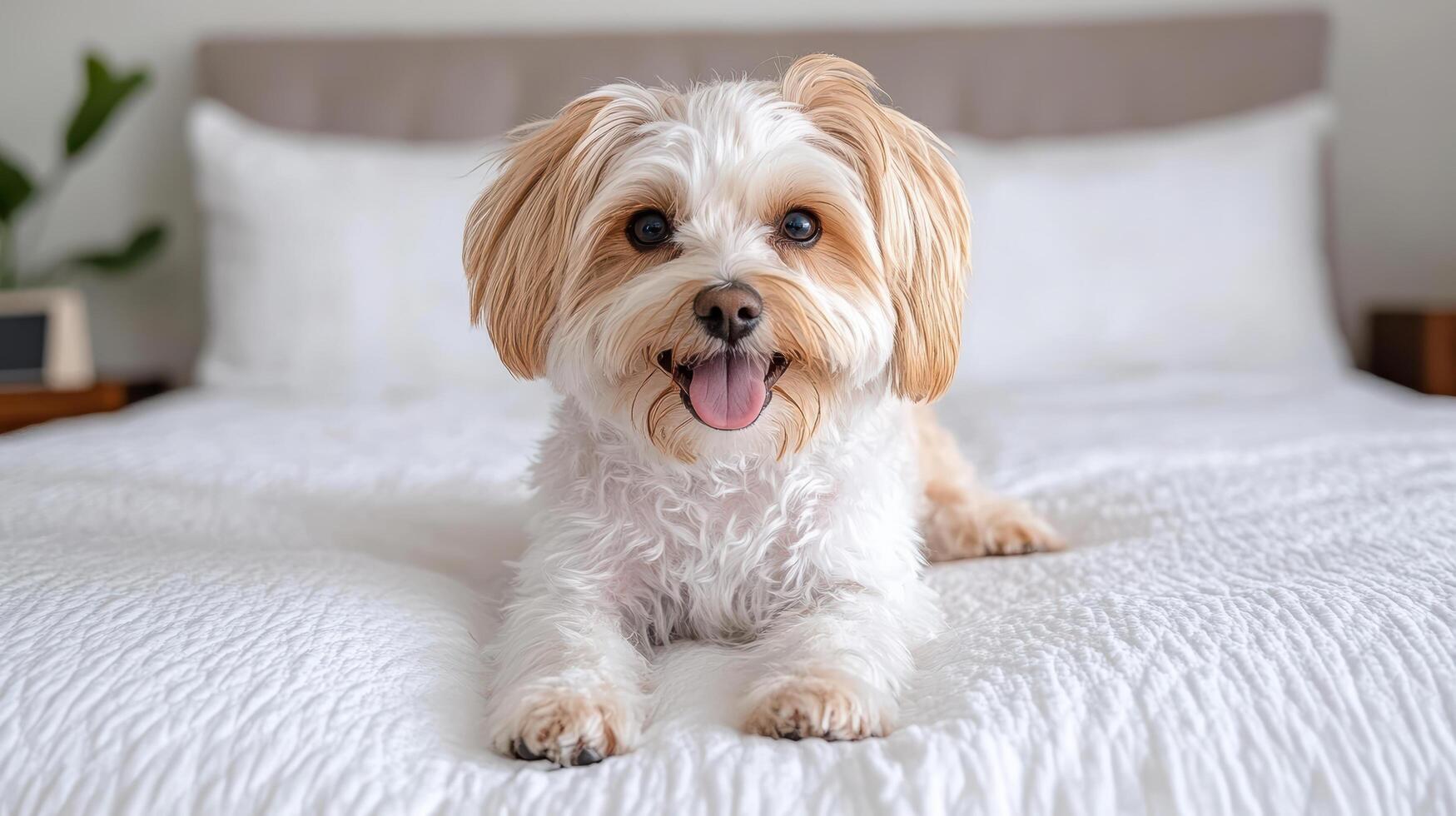 A small dog sitting on a bed photo