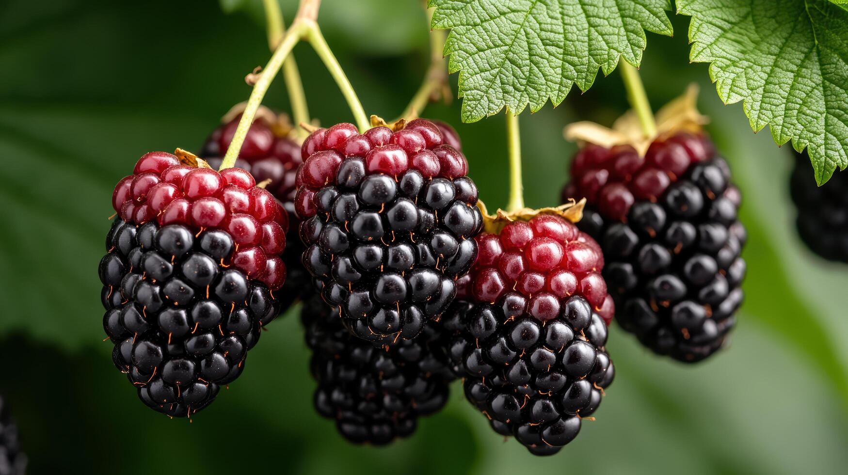Blackberries on a tree with leaves photo