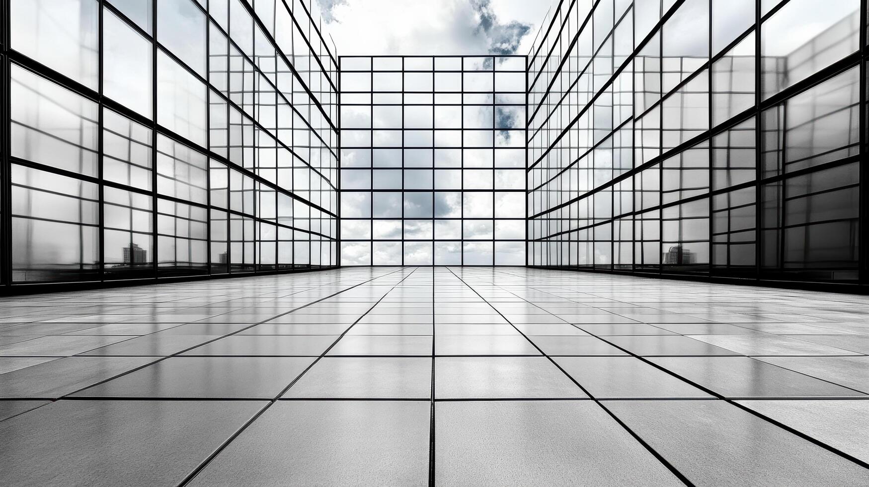 An empty room with large windows and a sky photo