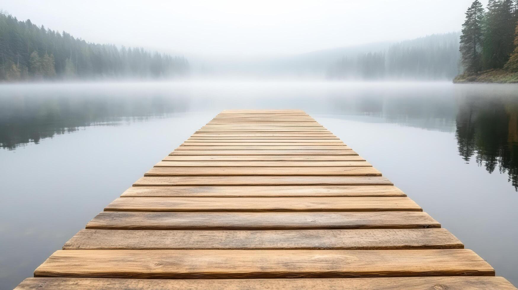 A wooden dock extends into the water on a foggy day photo