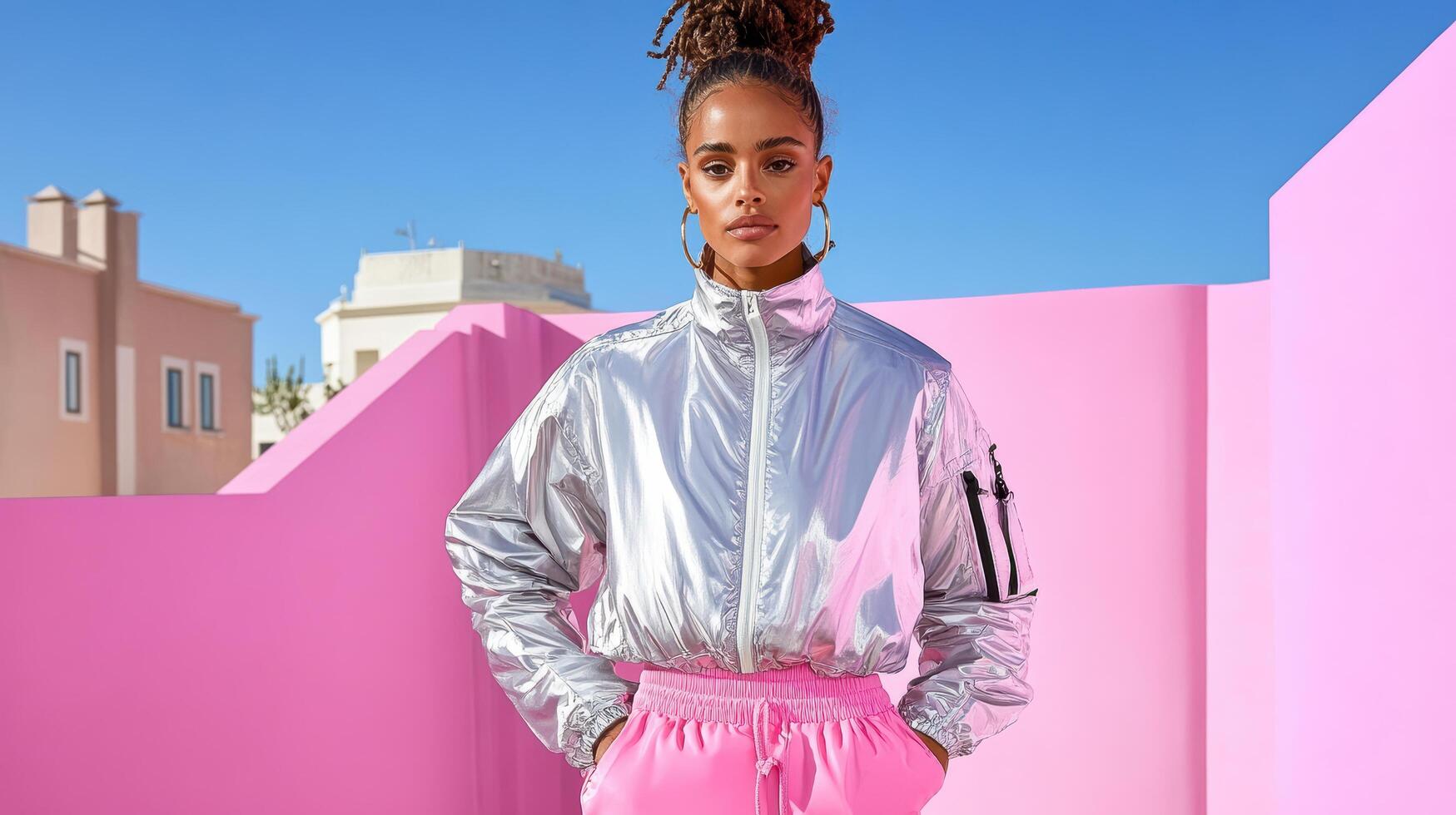 A woman in a silver jacket and pink pants photo