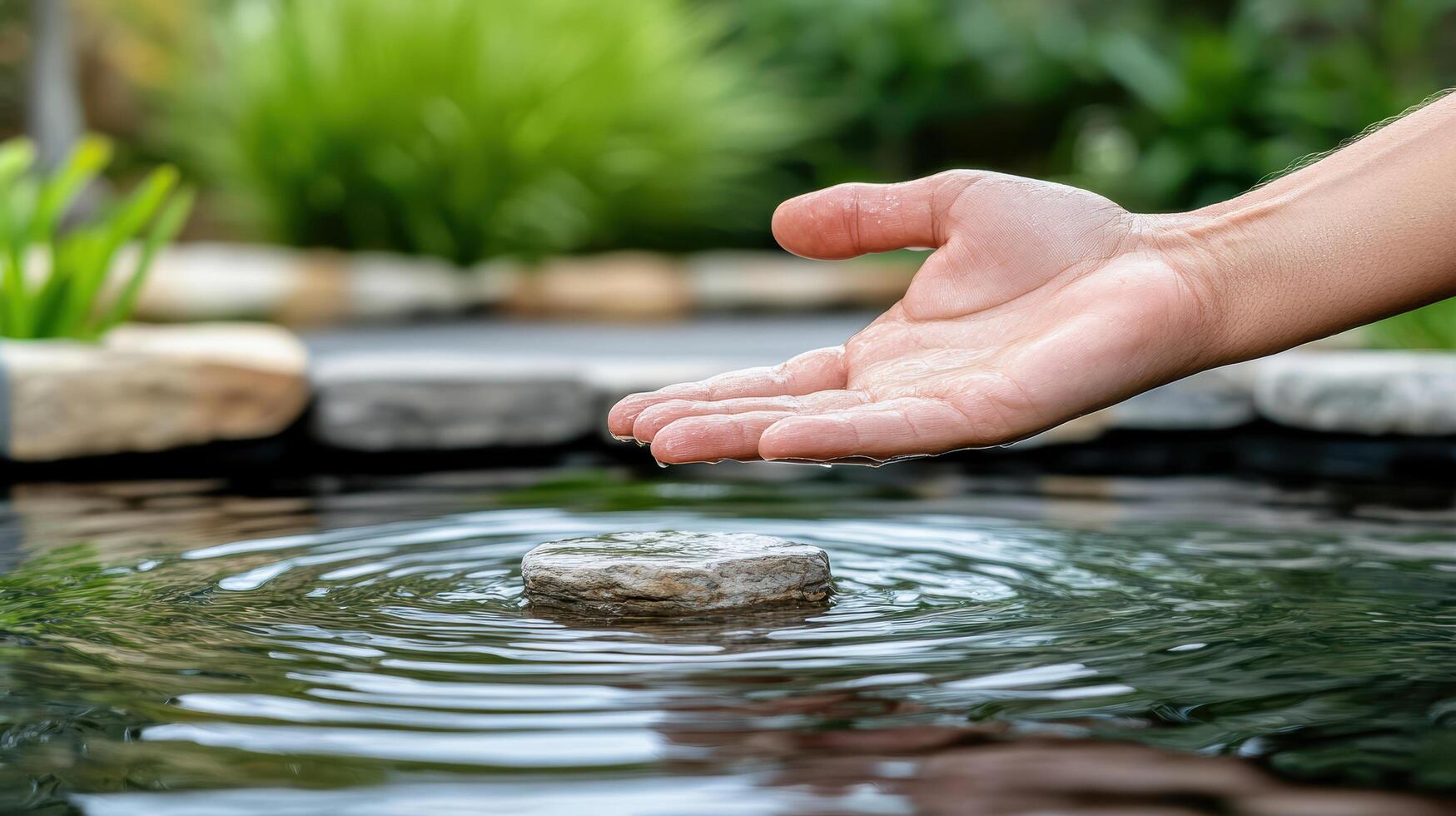 A person is holding a stone in their hand over a pond photo