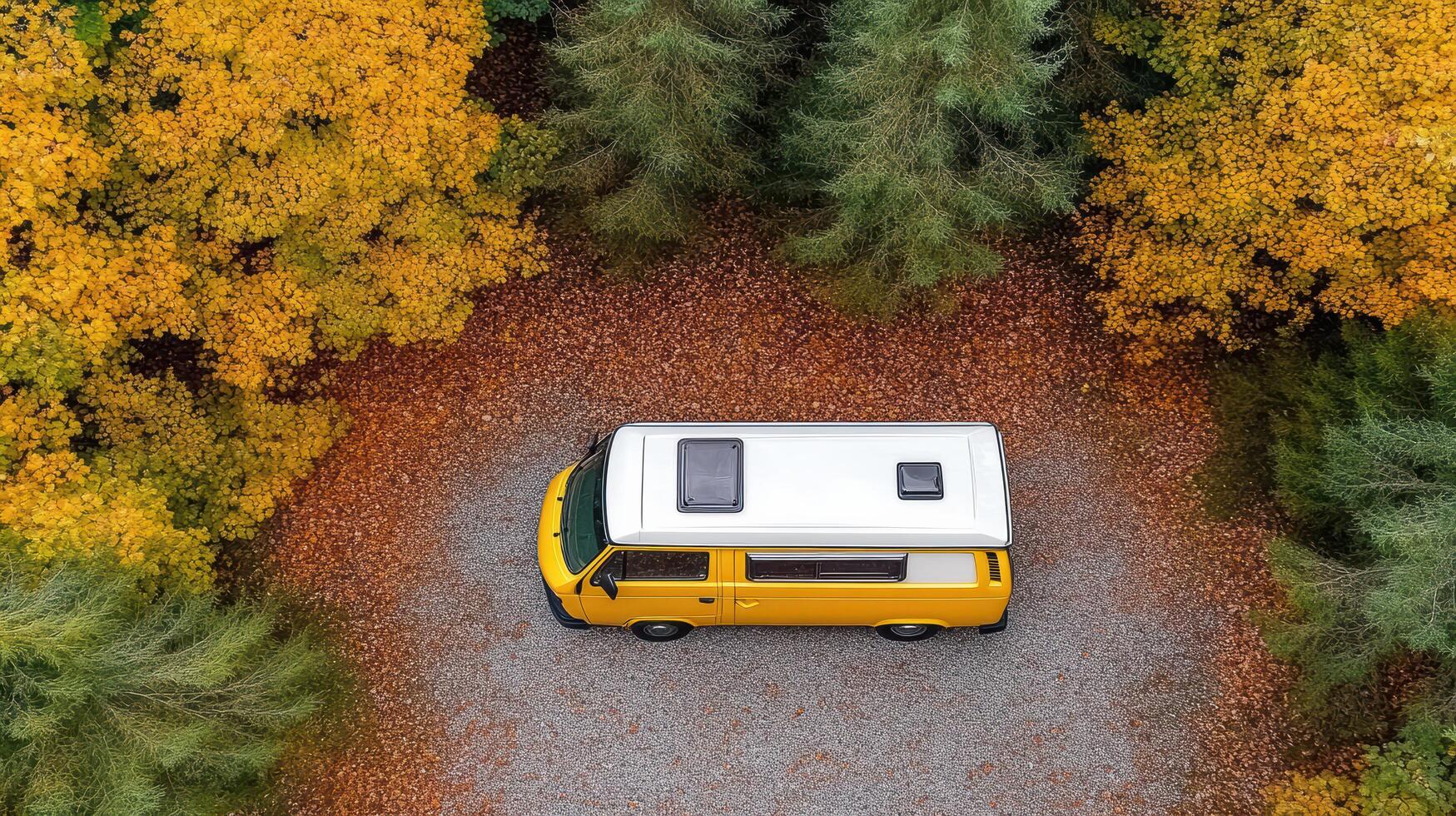 An aerial view of a camper van parked in the middle of a forest photo