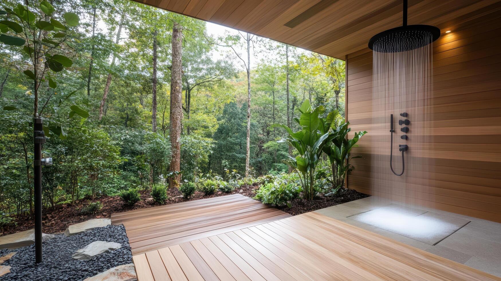 A shower in a wooded area with a view of the forest photo